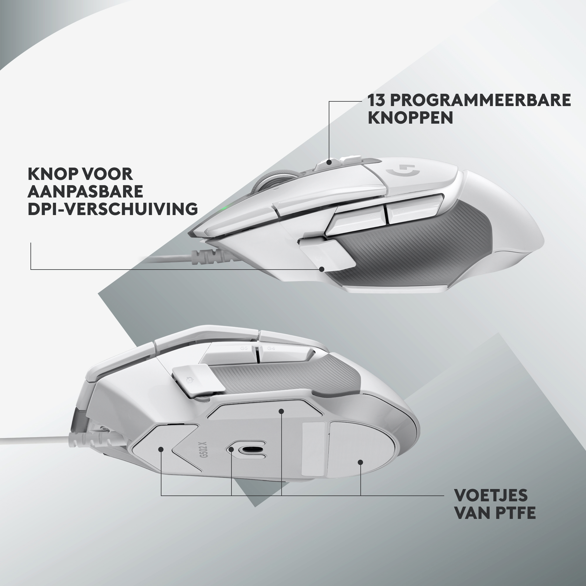 Two white gaming mouses, with text, on a grey background.