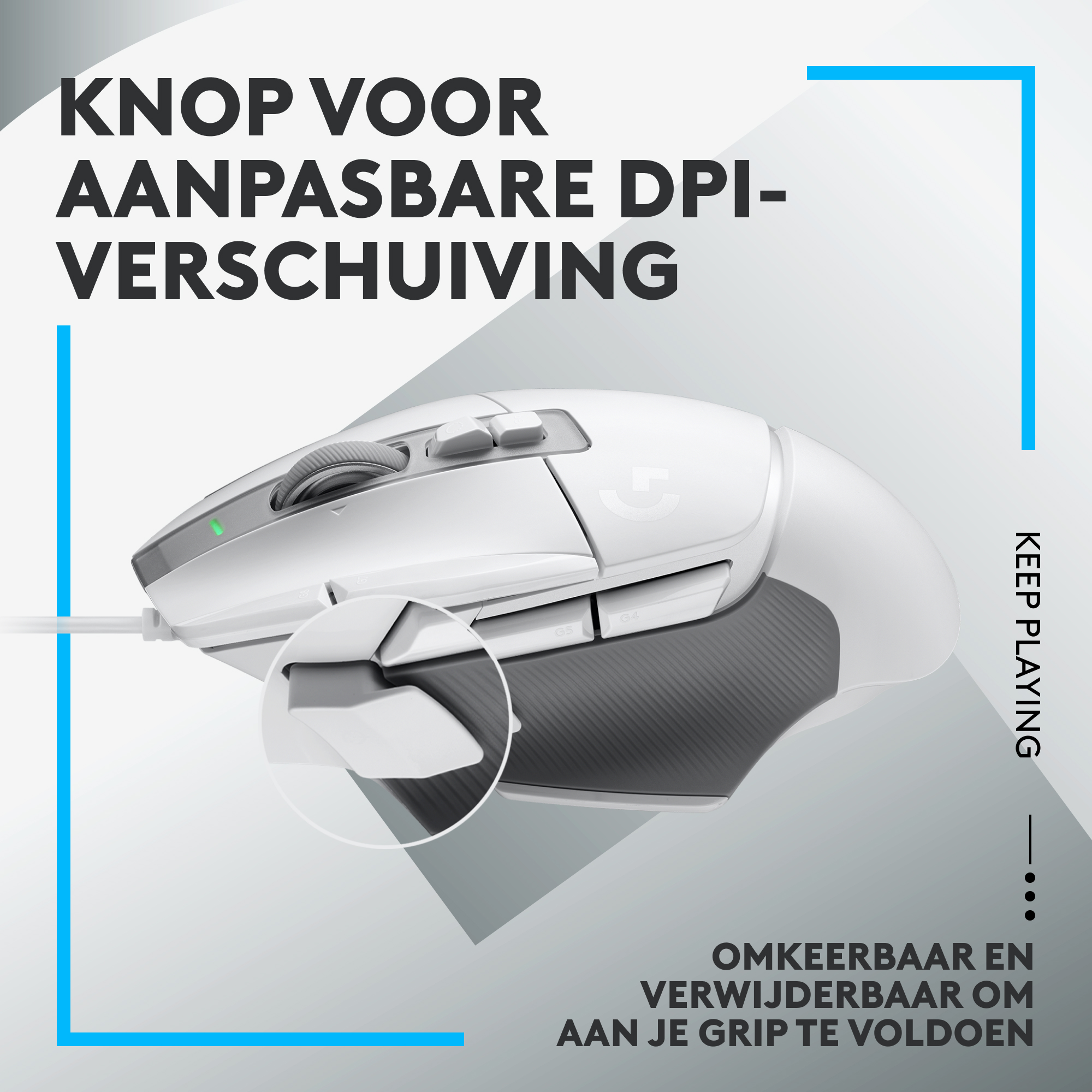 White gaming mouse with a customizable DPI shift button and a textured grip.