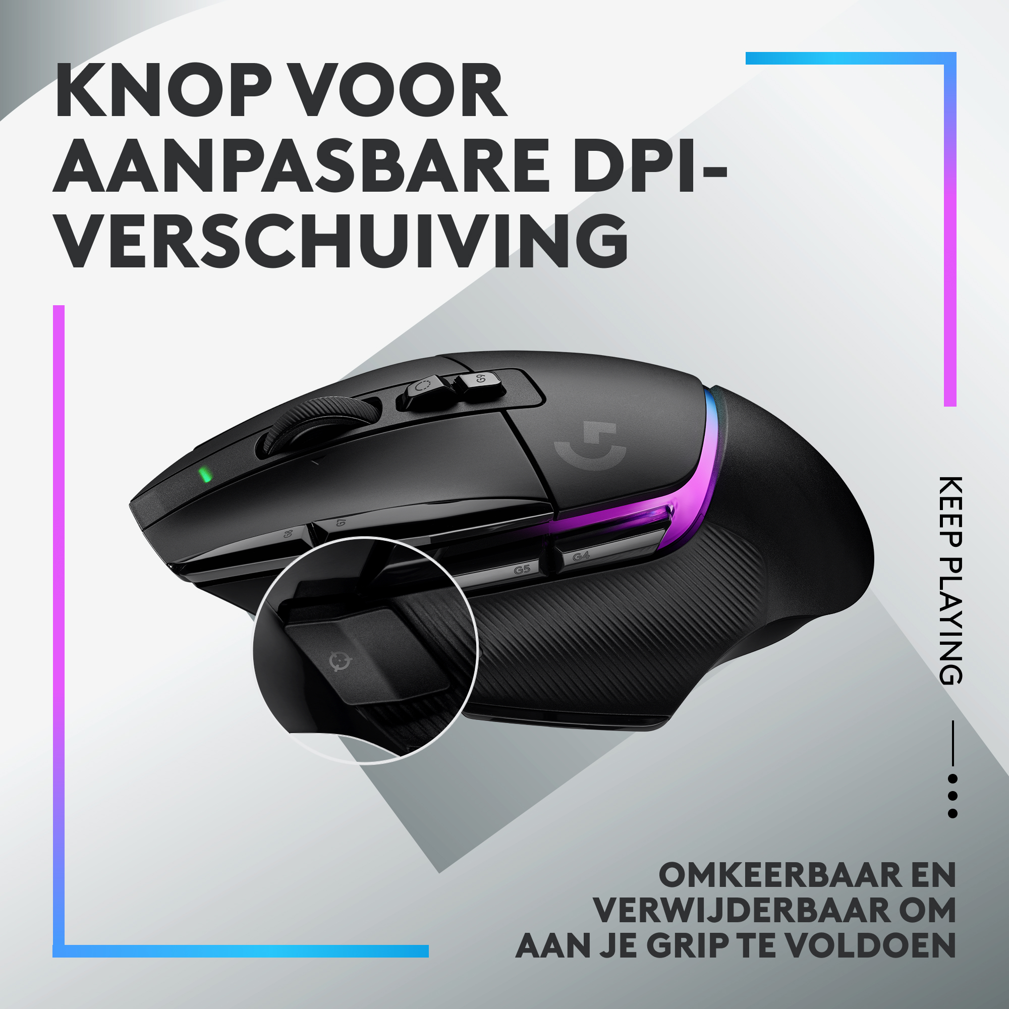 Zwarte gamingmuis met knoppen en logo. Tekst: knop voor instelbare DPI-verschuiving.