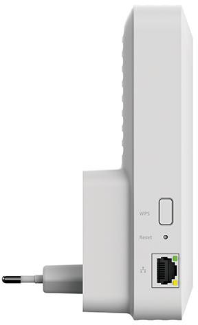 Vue latérale d'un répéteur Wi-Fi blanc. Comprend une prise, des boutons WPS et Reset, et un port Ethernet.
