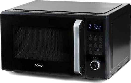 A black DOMO microwave oven on a white background, front view.