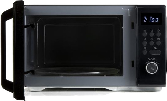 Microwave oven, open. Inside is a glass plate. Digital display on the right.