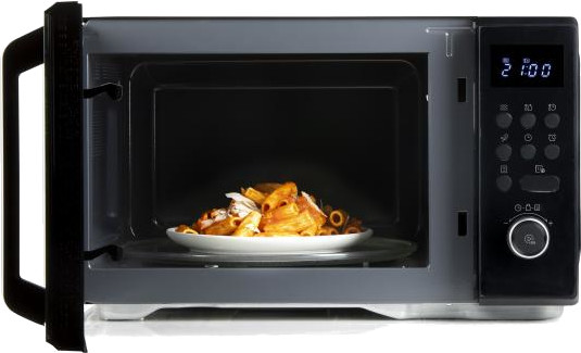 A microwave with a plate of pasta inside. The time is 2:00 on the digital display.