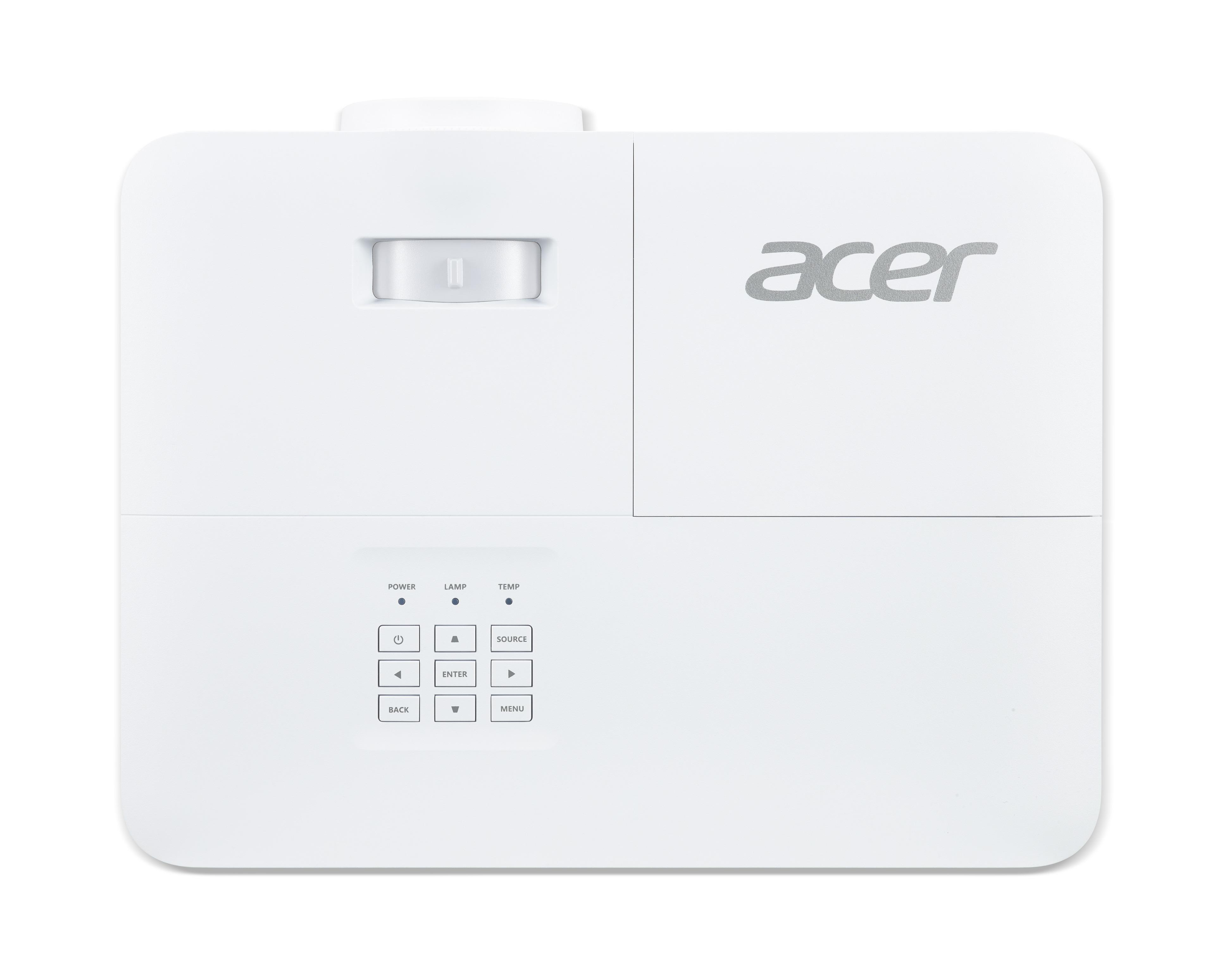 Weißer Acer-Projektor mit Ein-/Aus-Tasten und Bedienfeld auf der Oberseite.