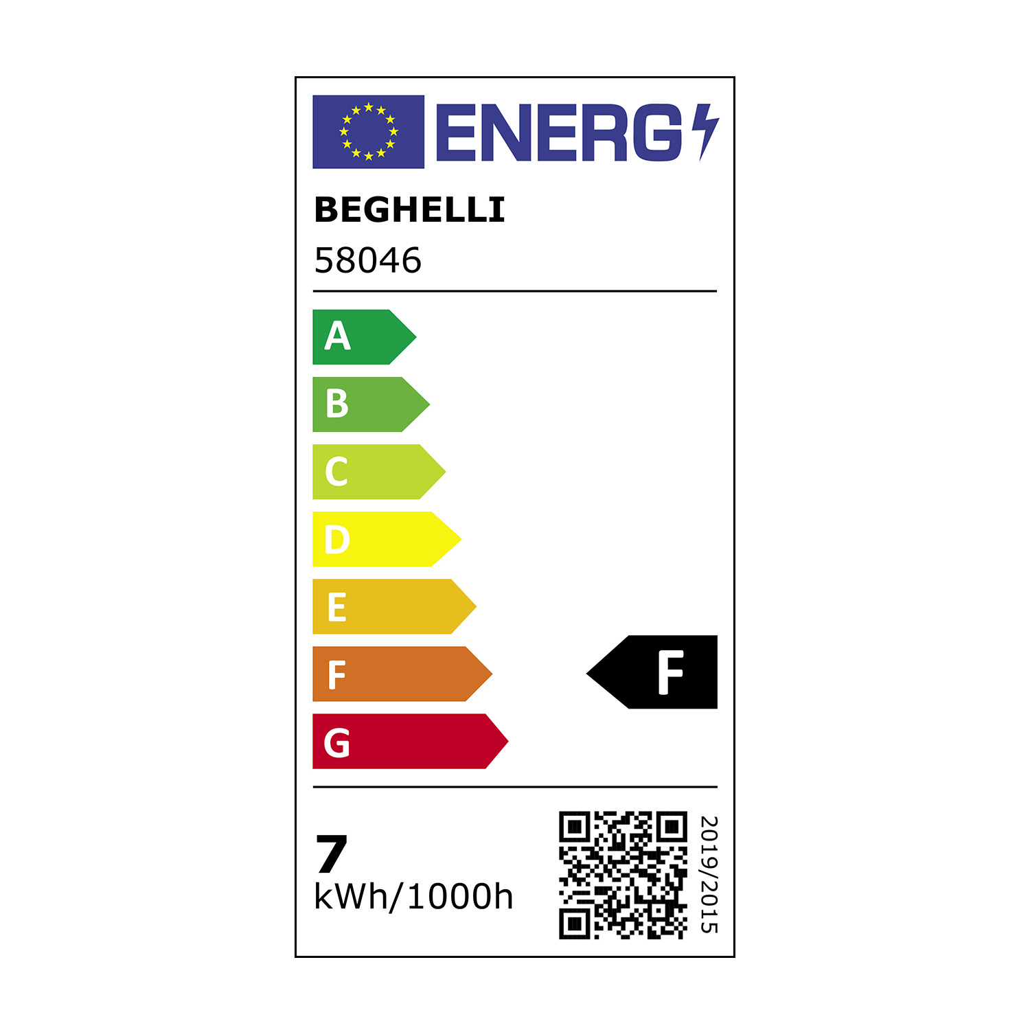 Etichetta energetica. Mostra la classe F, con codice QR e consumo energetico di 7 kWh/1000h.