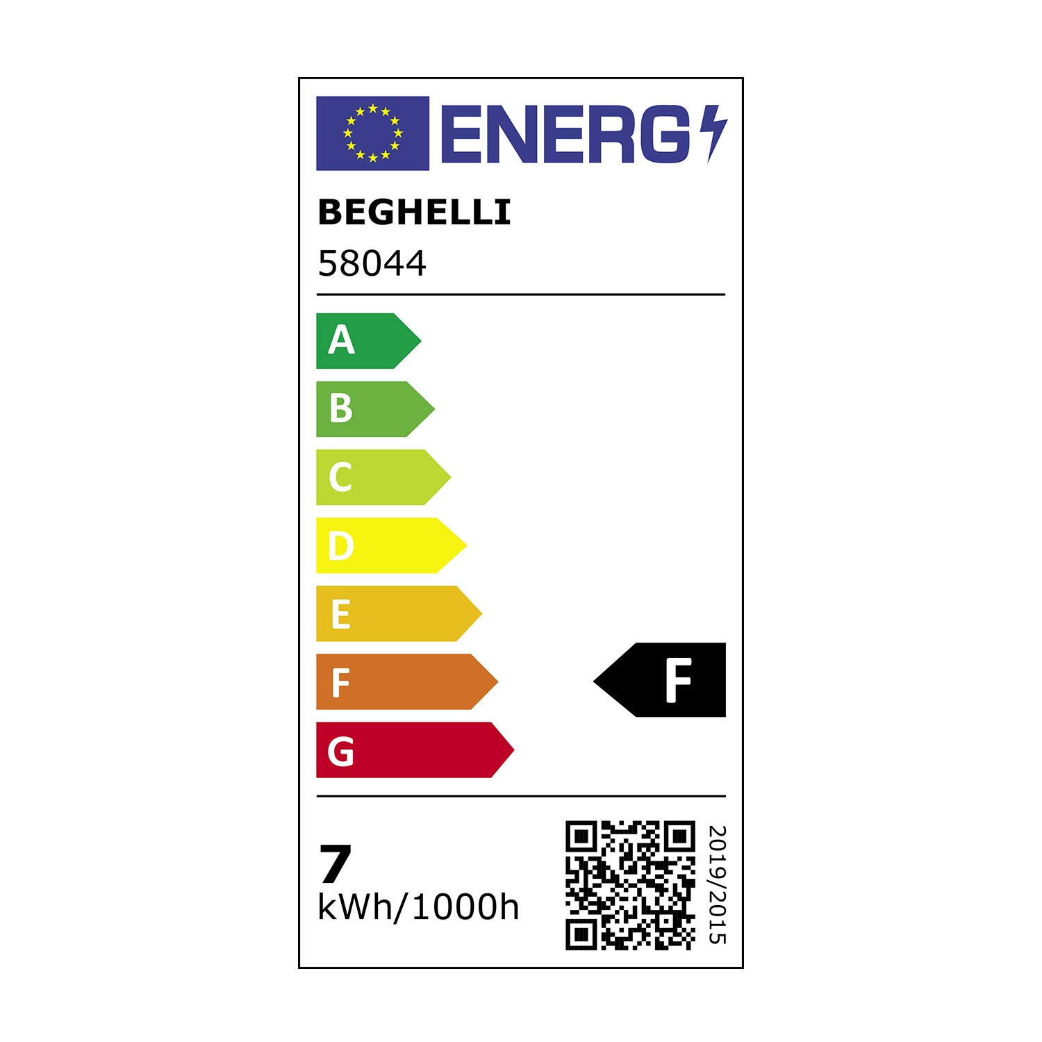 Etichetta energetica. Mostra la classe di efficienza energetica 'F'. Codice QR e dettagli visibili.