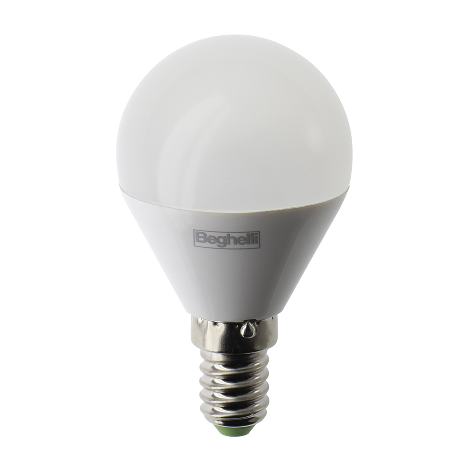 Lampadina bianca e grigia con base piccola e sfondo bianco.