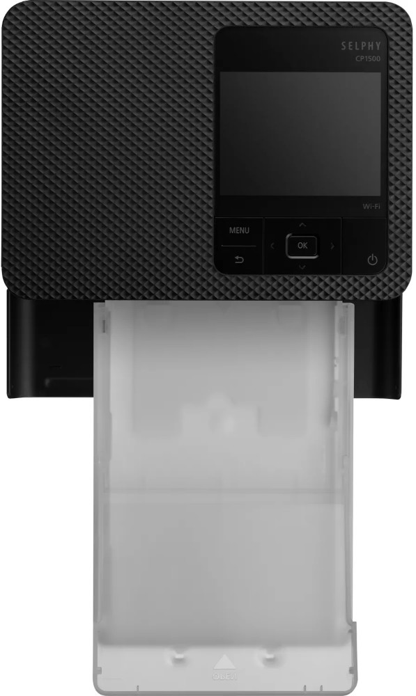 Black Selphy CP1500 printer with a screen and paper tray. Clear paper tray.