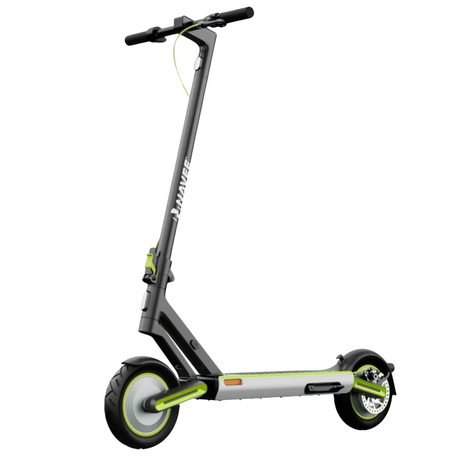 Scooter eléctrico negro y verde sobre fondo blanco, mirando a la derecha.