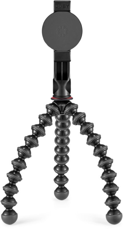 Black, flexible tripod with ball feet and a phone mount on top.