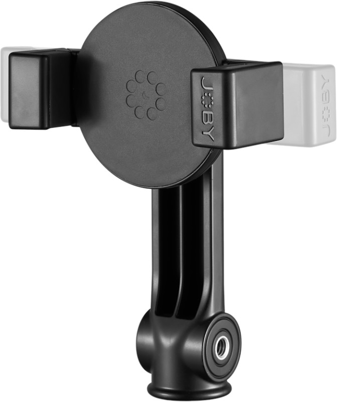 Black phone holder with a ball joint and adjustable arms, labeled with the brand name 'JOBY'.