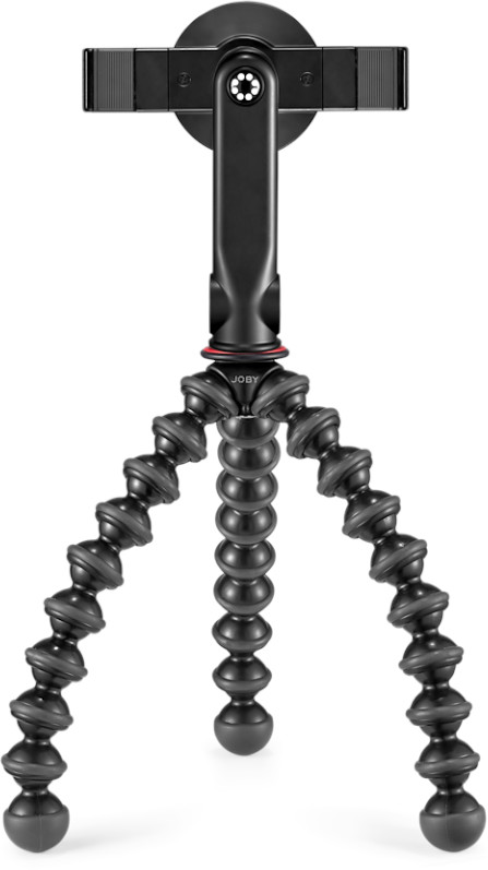 Black, flexible tripod with a phone holder on white background. Tripod has bendable legs.