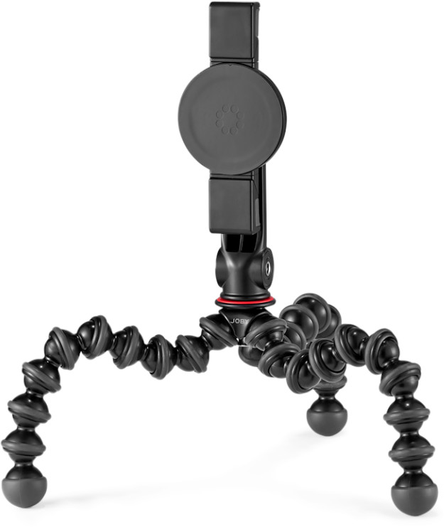 A black flexible tripod with three legs and a phone mount is on display.