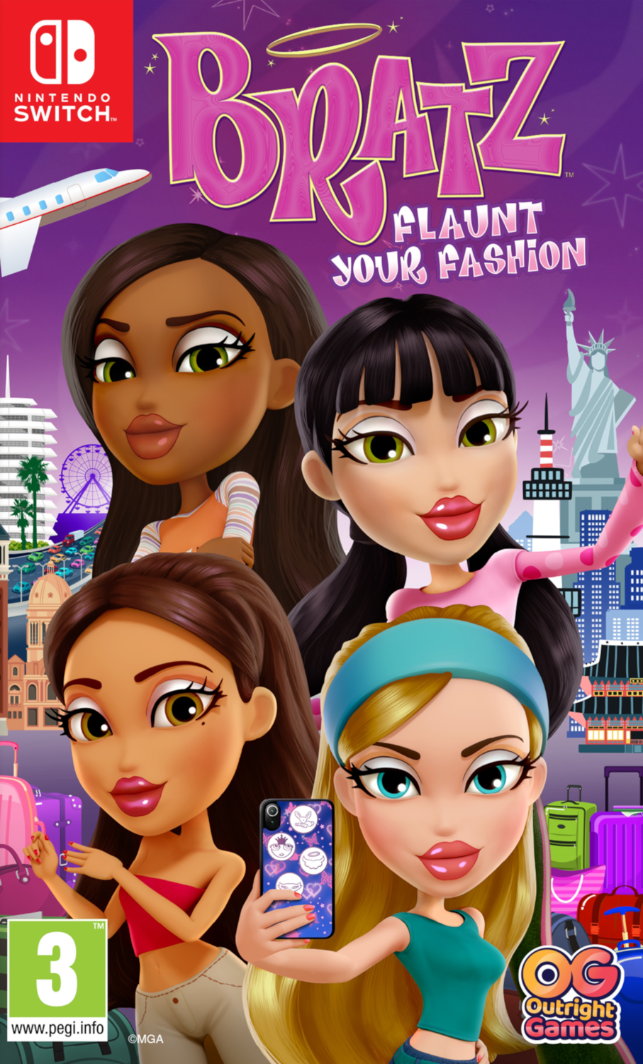Nintendo Switch-gamecover: vier cartoonmeisjes in verschillende poses. De titel is 'Bratz Flaunt Your Fashion'.