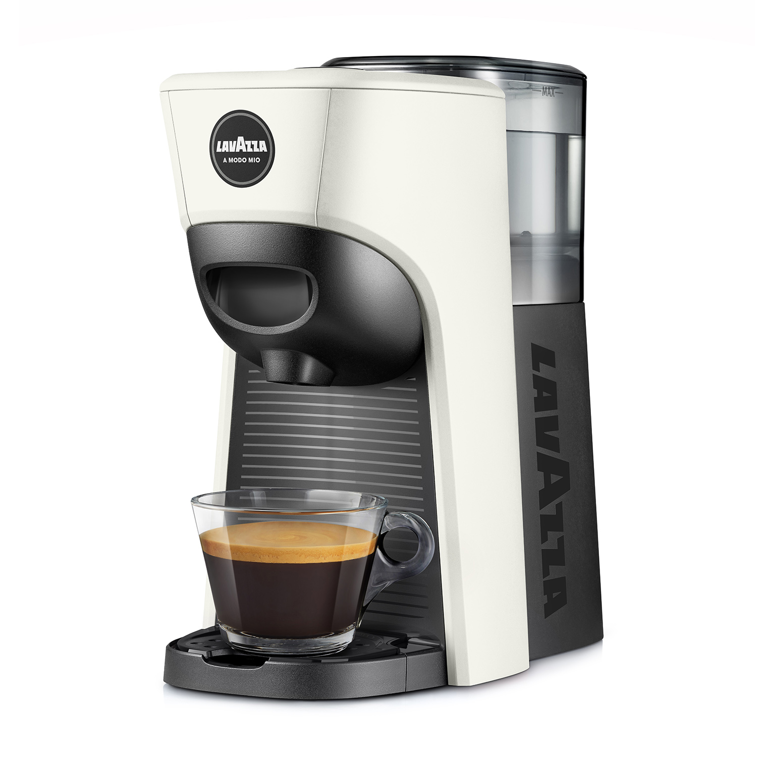 Una macchina da caffè Lavazza bianca e nera con una tazza di espresso in vetro.