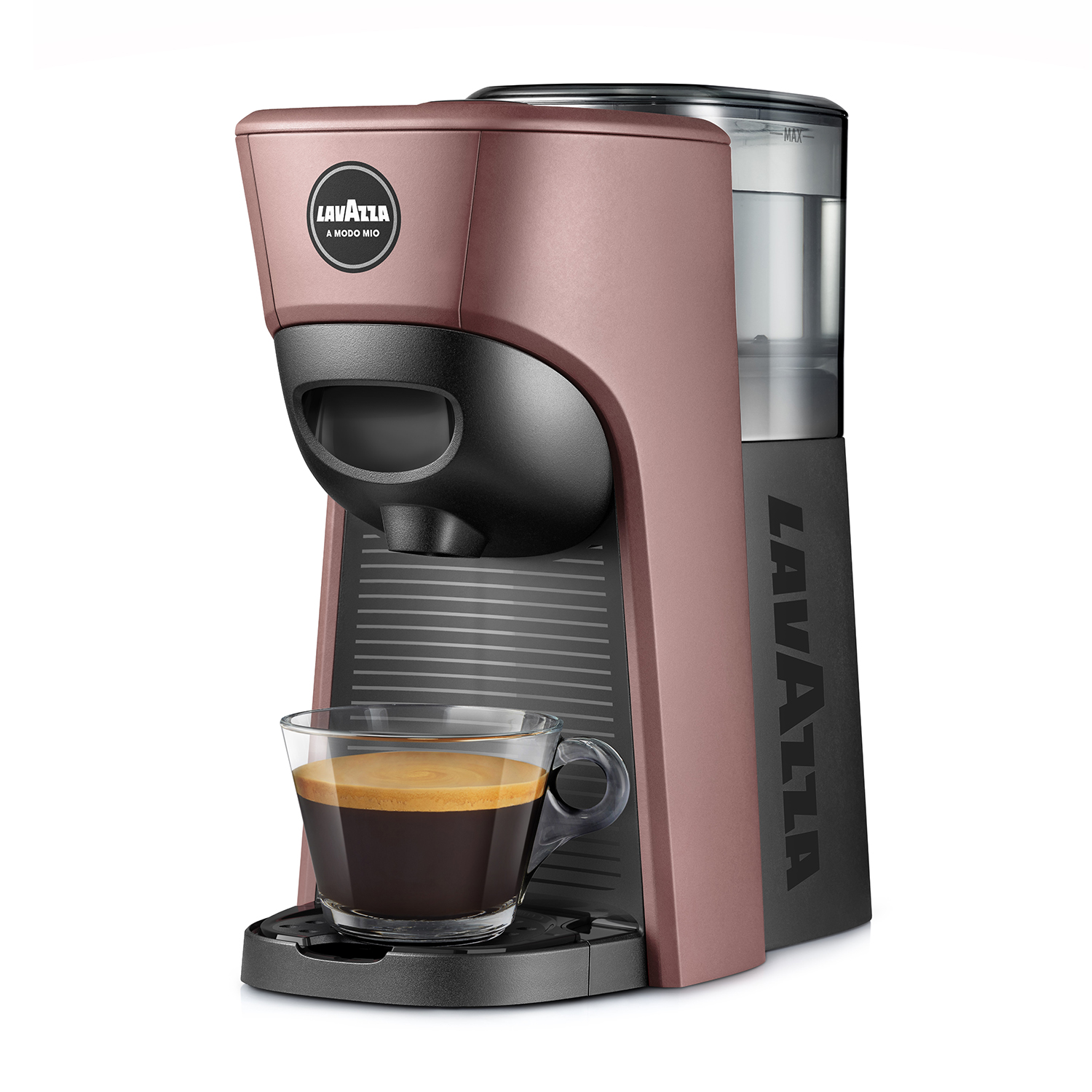 Macchina da caffè Lavazza marrone e nera che prepara il caffè. Tazza di vetro trasparente.