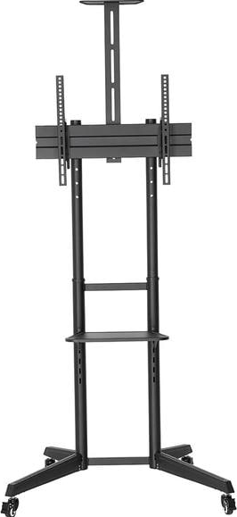 Un supporto TV nero su ruote. Ha un ripiano e staffe per montare una TV.
