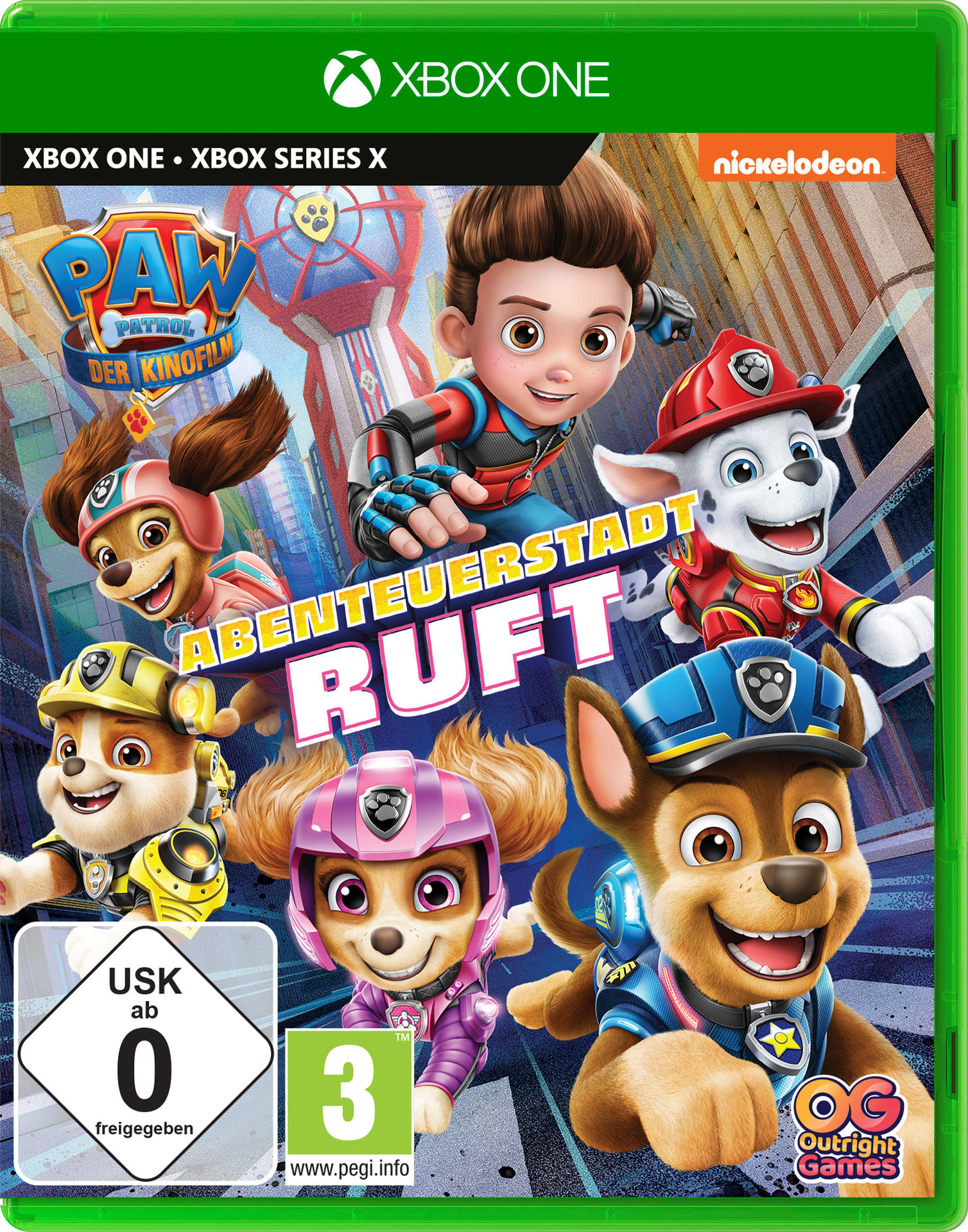 Xbox One-Spielcover. Zeichentrickfiguren von Paw Patrol in einer Stadtszene.