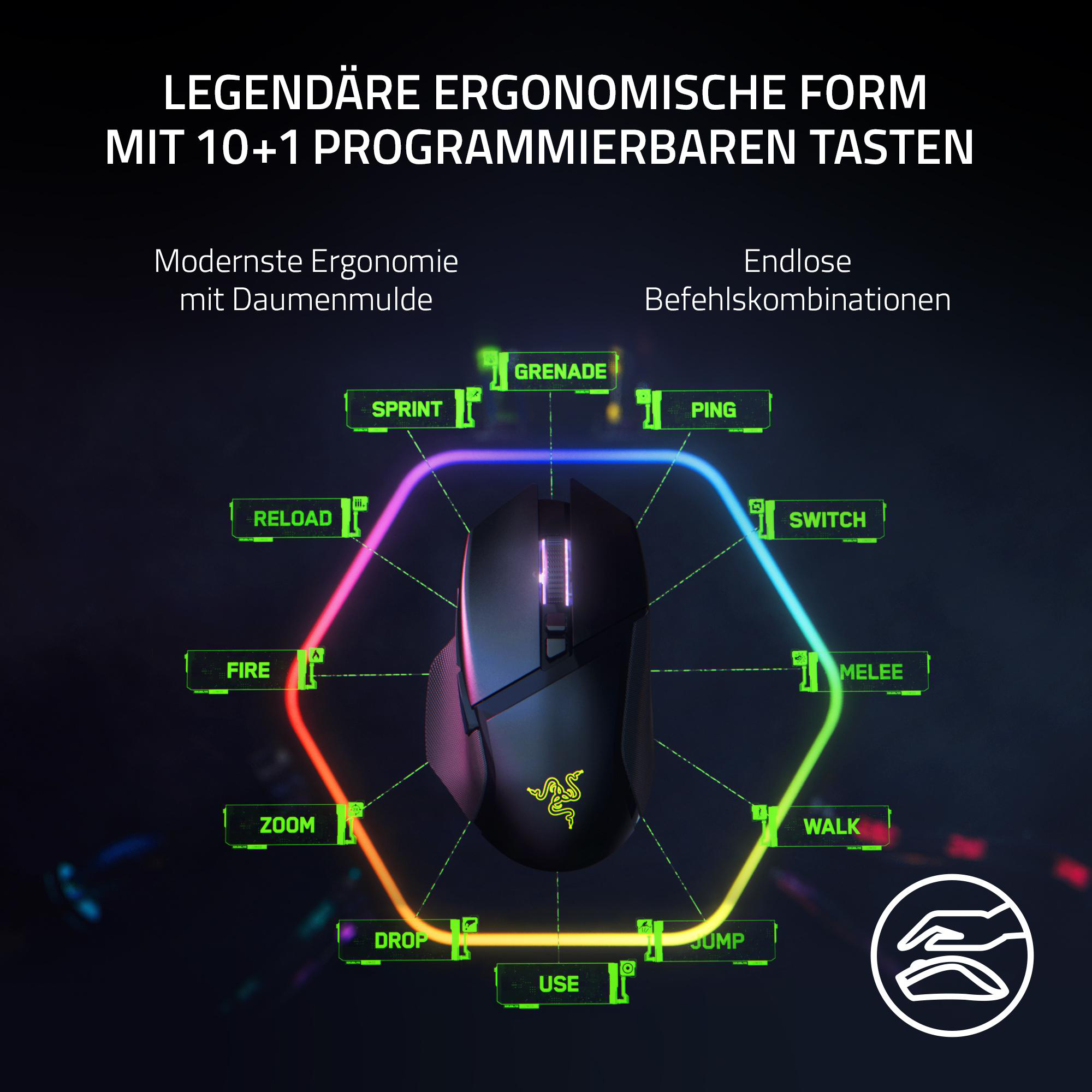 Eine schwarze Gaming-Maus mit 10+1 programmierbaren Tasten und einer Daumenauflage.