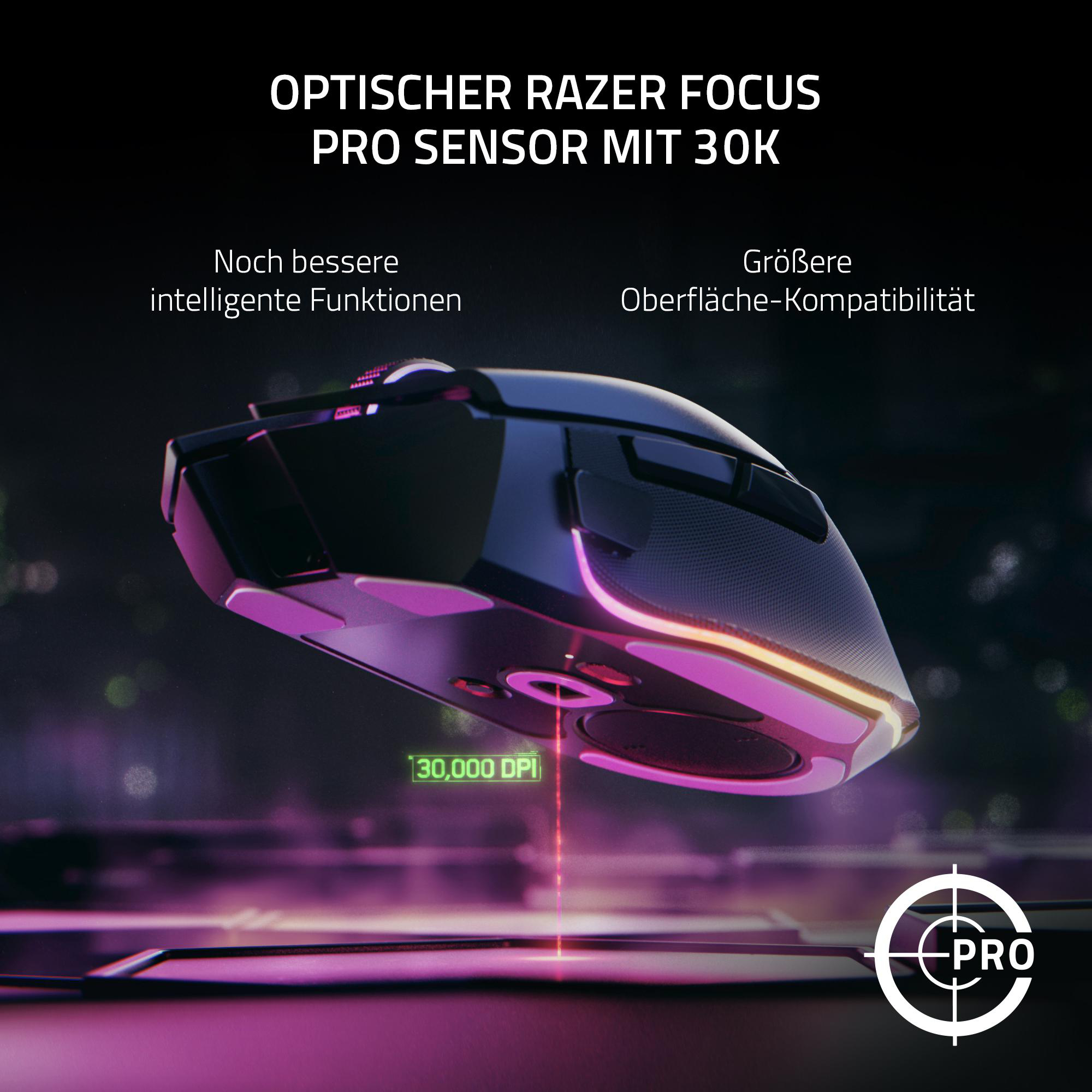 Eine Gaming-Maus mit einem hellen lila Akzent. Es ist ein Razer Focus Pro Sensor mit 30K DPI.