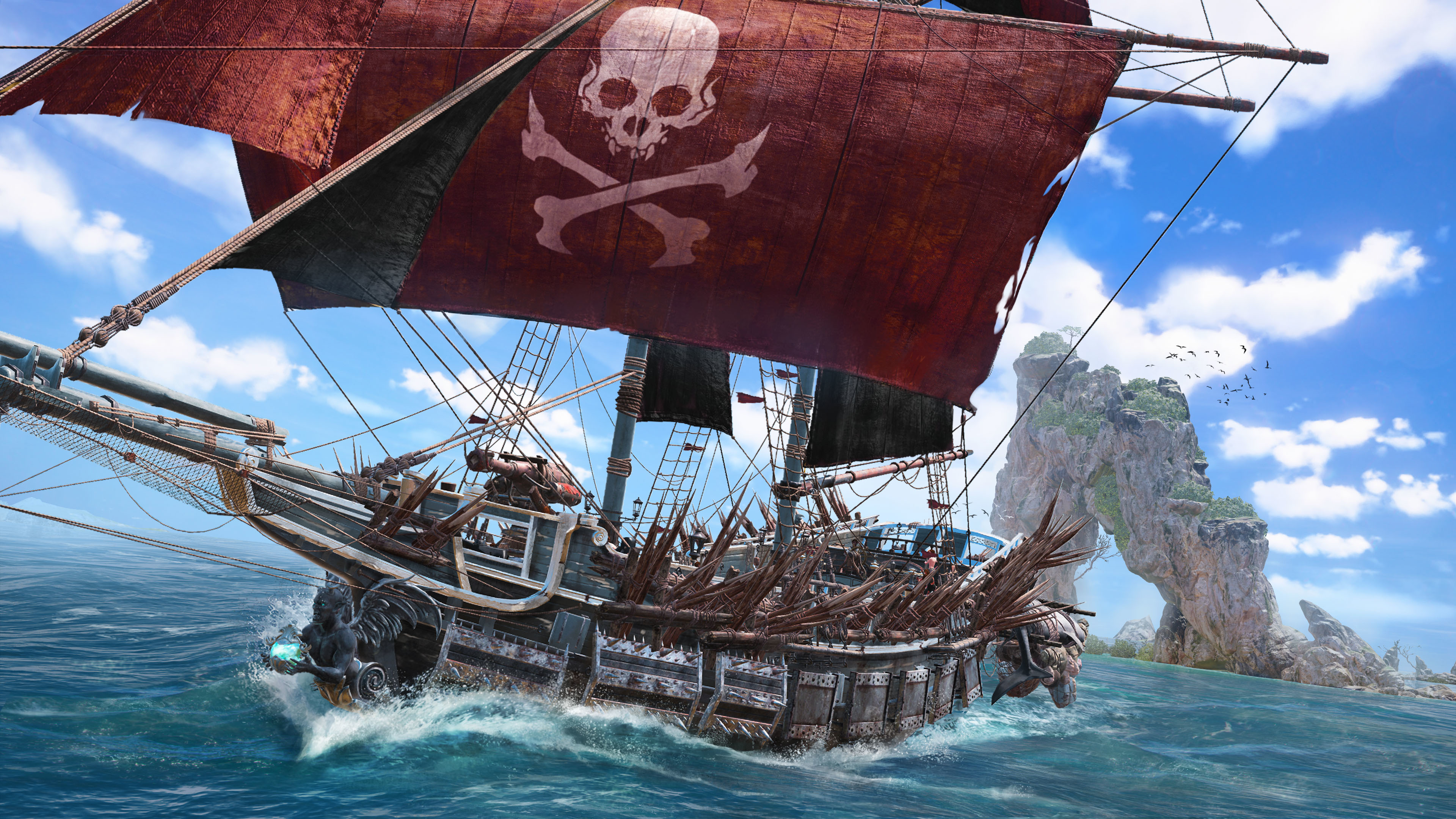 Piratenschiff segelt auf Wasser mit Totenkopf-Flagge, sonnigem Himmel und Insel.