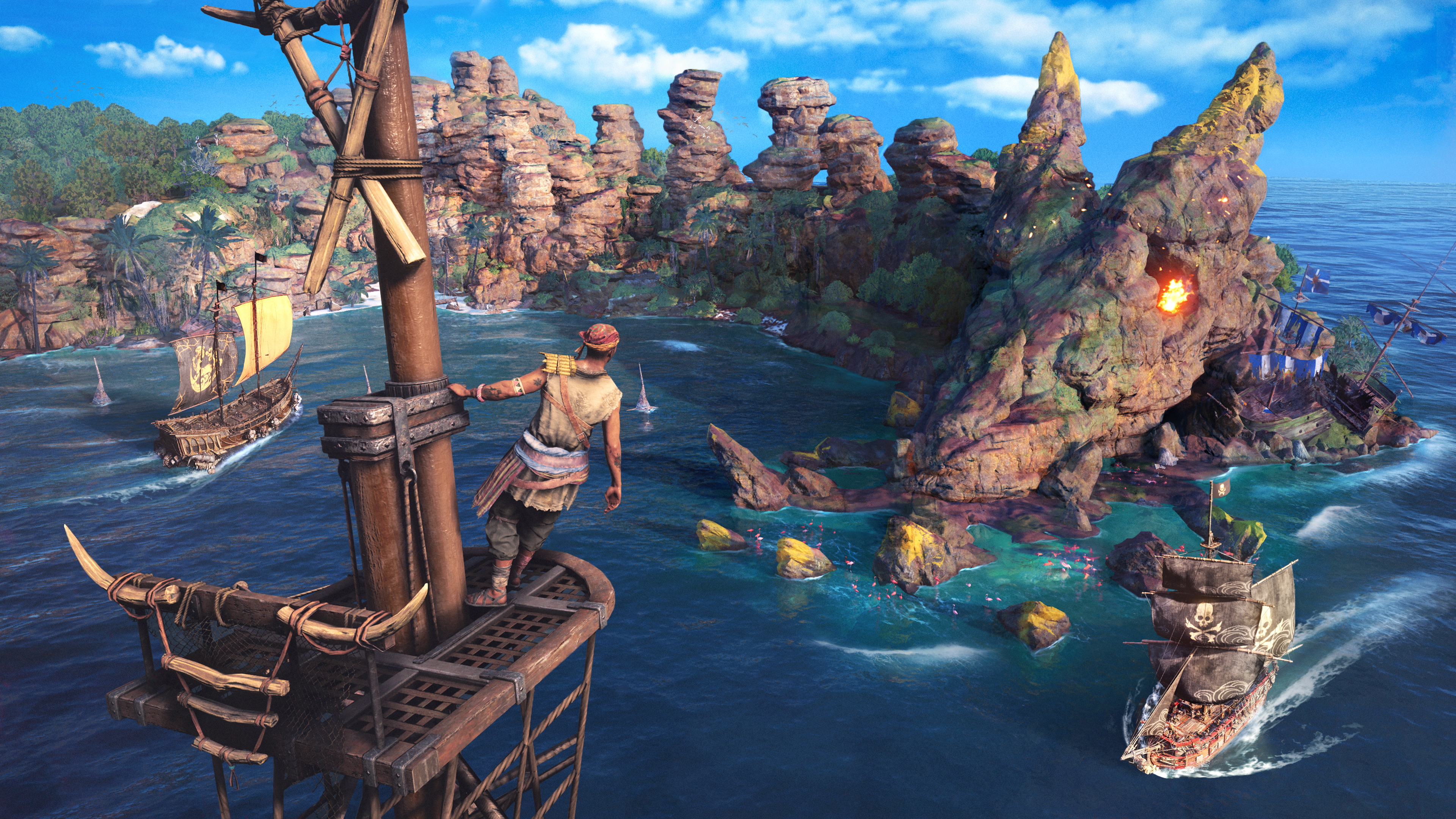 Ein Pirat auf einem Schiff, der auf eine tropische Insel mit mehr Schiffen und Felsformationen im Meer blickt.
