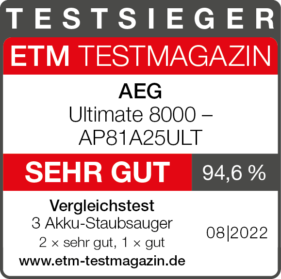 ETM TESTMAGAZIN. AEG Ultimate 8000 - AP81A25ULT. SEHR GUT, 94,6%, 08|2022.