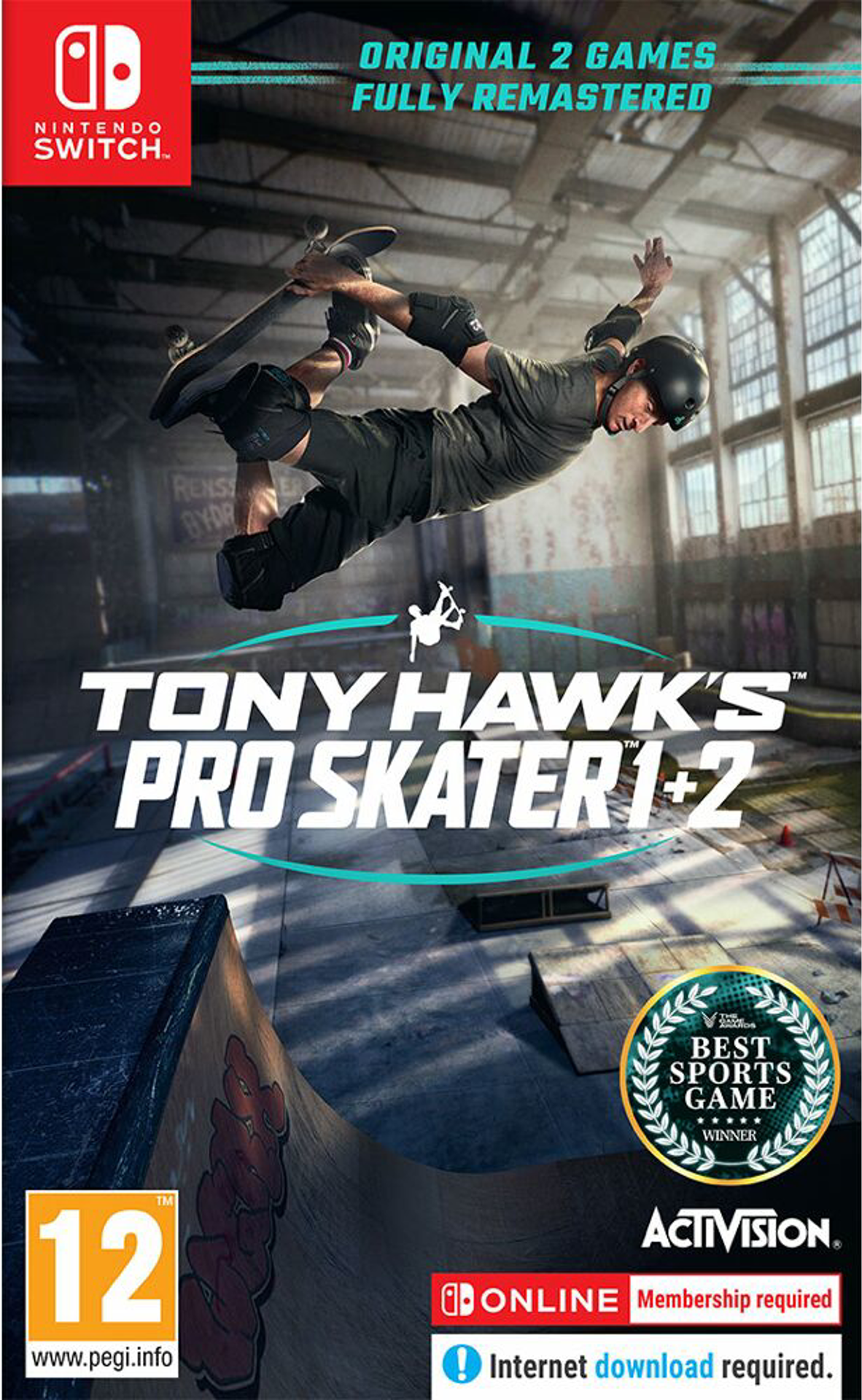 Tony Hawk's Pro Skater 1+2 game box art. Een skater doet een truc in een skatepark.