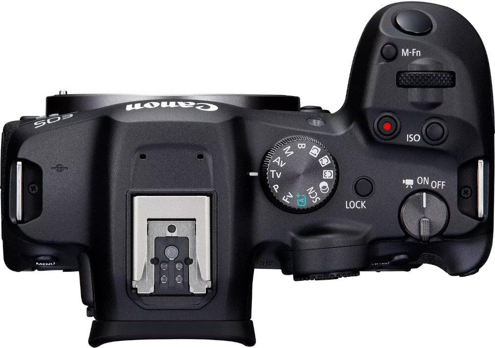 Bovenaanzicht camera, zwarte behuizing met knoppen, Canon EOS.
