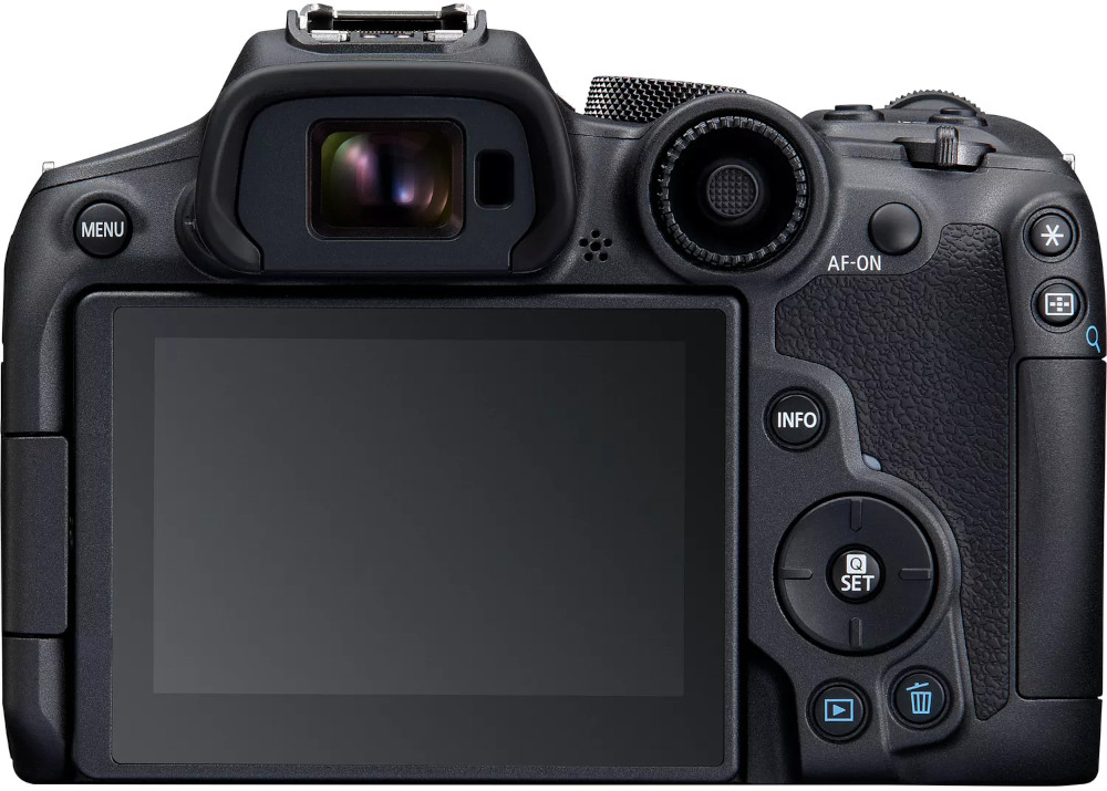 Zwarte digitale camera. Achteraanzicht, met scherm en knoppen.
