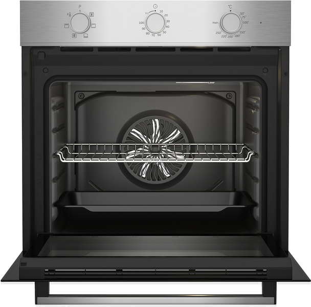 An open oven with a metal rack and fan. The door is down, showing the interior.
