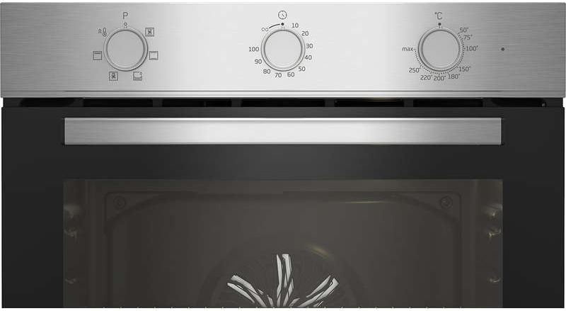 Oven control panel with knobs and an oven door below. Stainless steel finish.