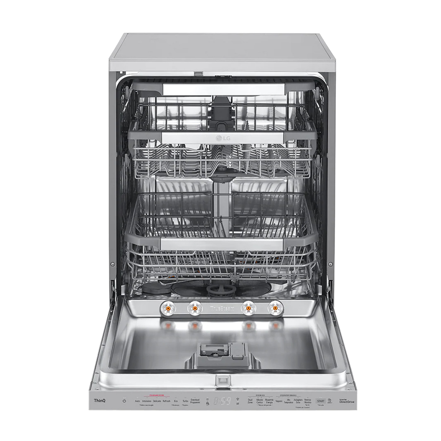 Lavastoviglie con porta aperta, interno in acciaio inox, cestelli visibili. Pannello comandi in basso. Sfondo bianco.
