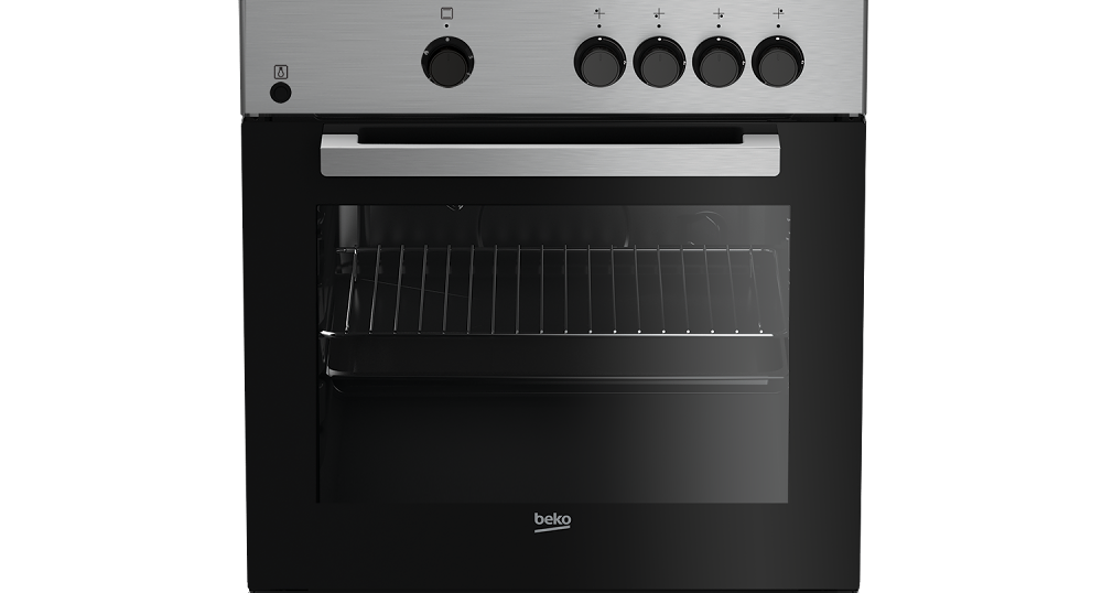 Un horno Beko negro. La puerta del horno está cerrada. Es un horno de acero inoxidable.
