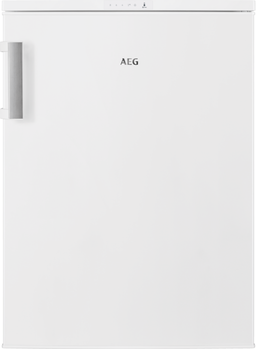 Congélateur AEG blanc. Il a une poignée argentée et le nom de la marque est sur le devant.