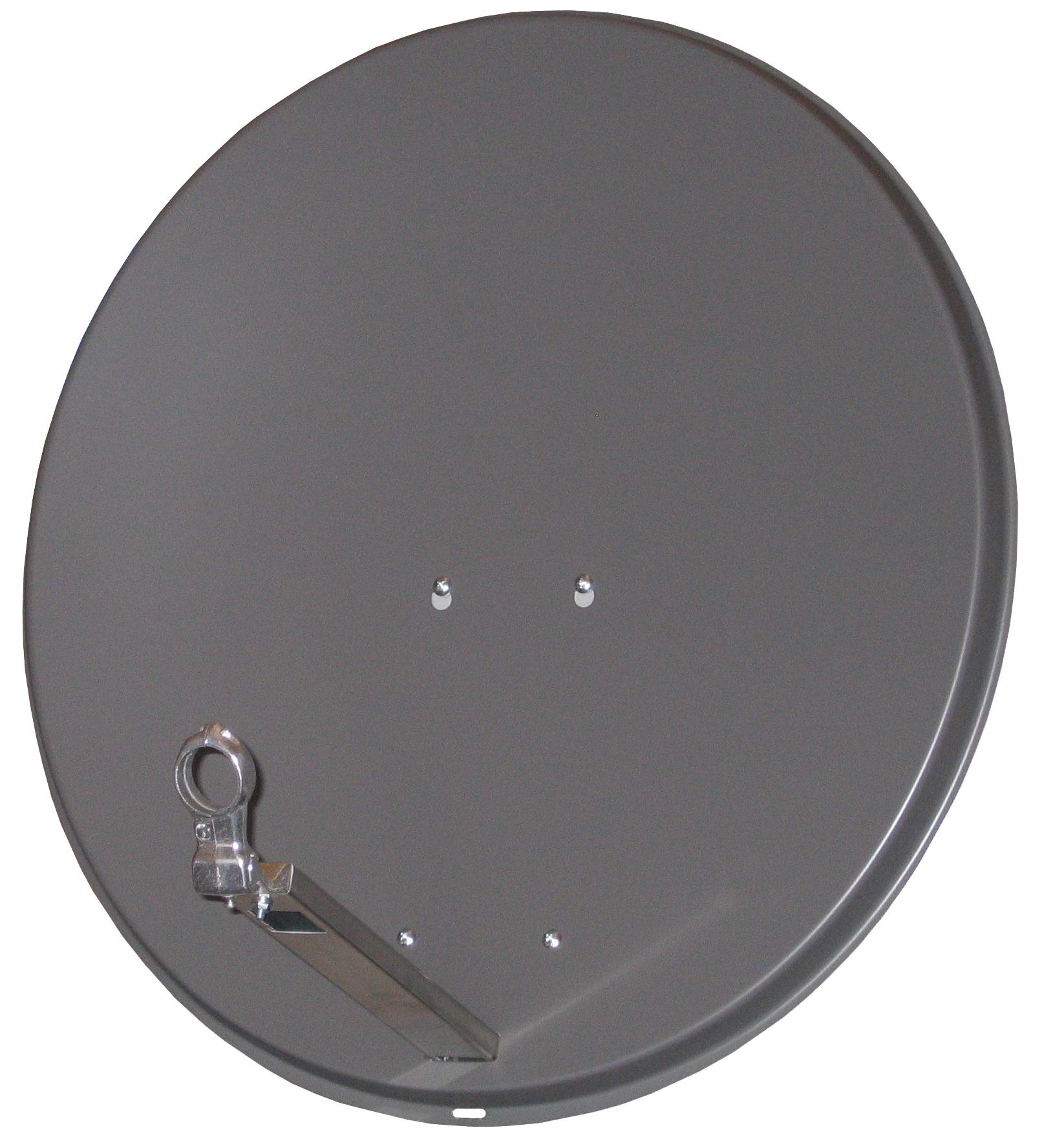Graue Satellitenschüssel mit Haltearm, zum Betrachter gewandt, mit klarem Himmel.