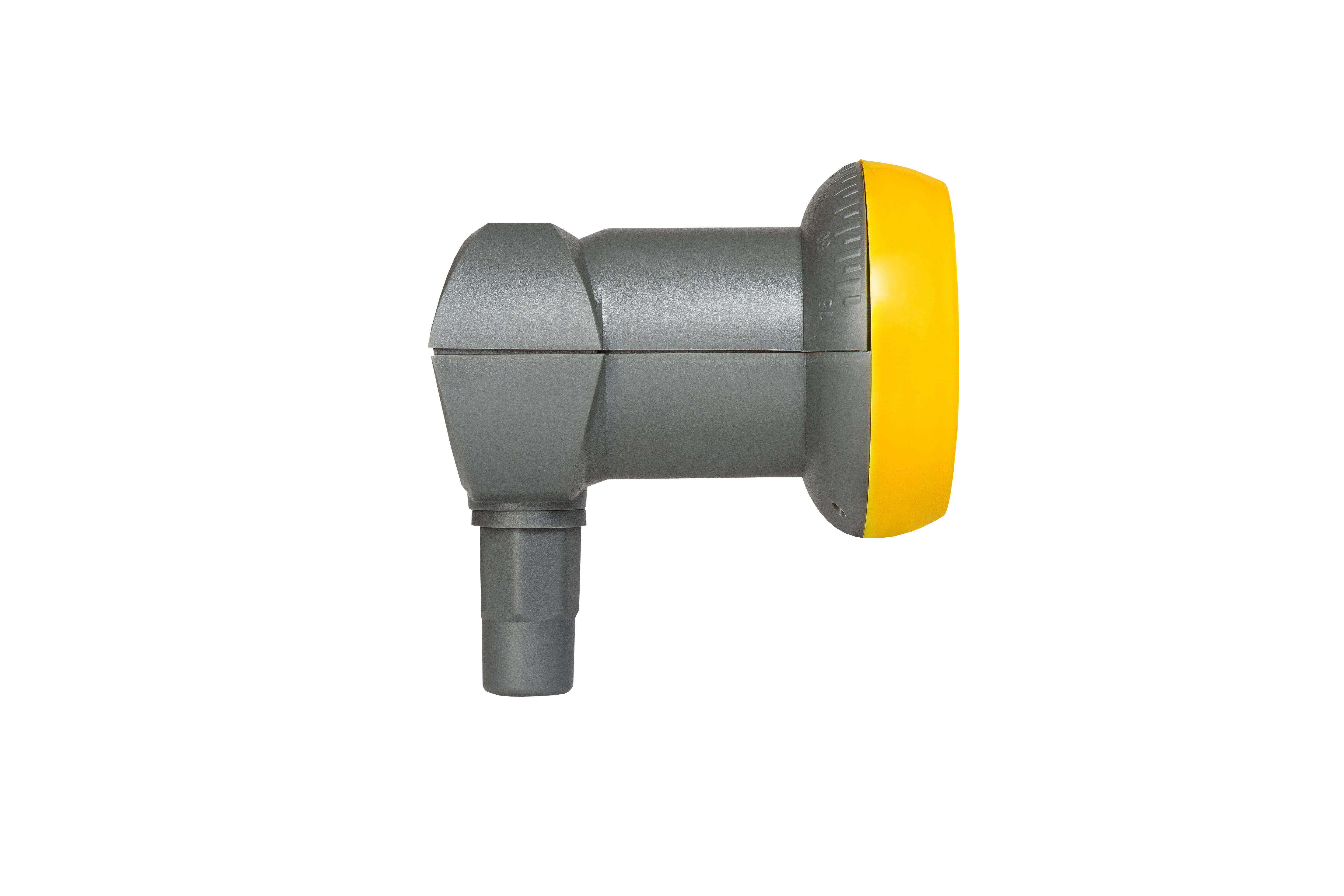 Ein grauer und gelber Satelliten-LNB (Low Noise Block Downconverter) auf weißem Hintergrund.