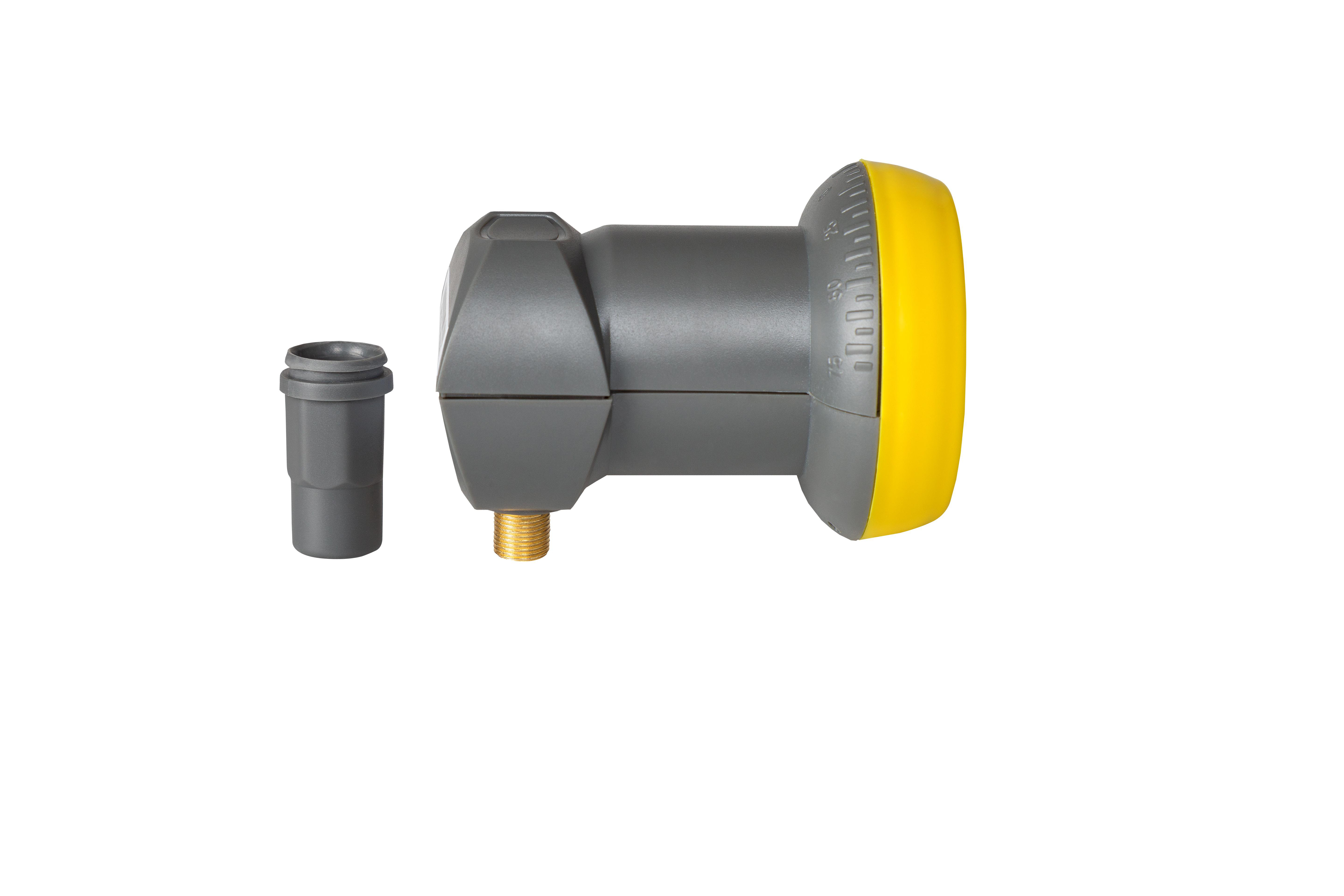 Ein Satelliten-LNB mit gelbem Ring, grauem Gehäuse und separatem schwarzen Stecker.