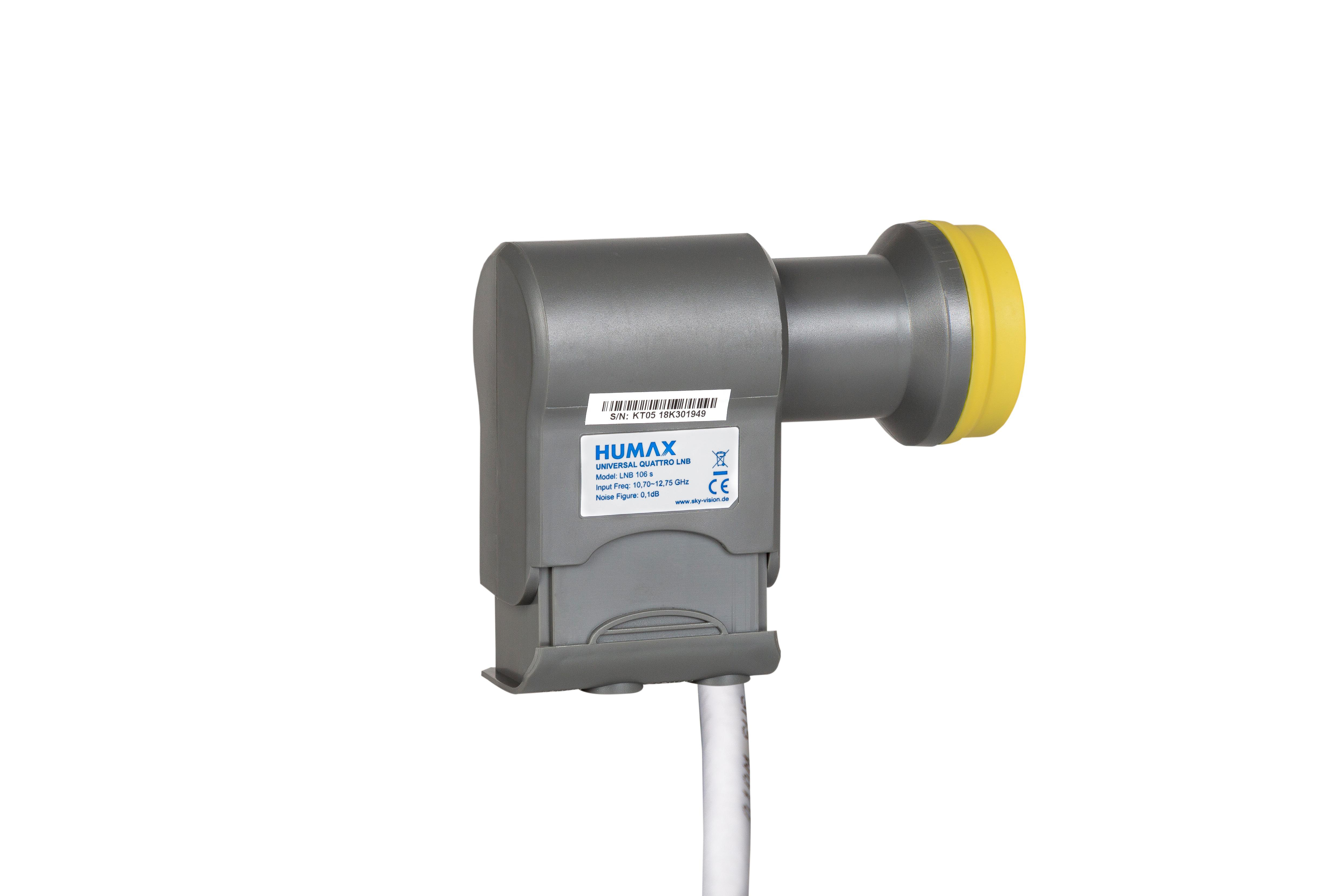 Satelliten-LNB-Empfänger mit grauem Gehäuse und gelbem Ende.