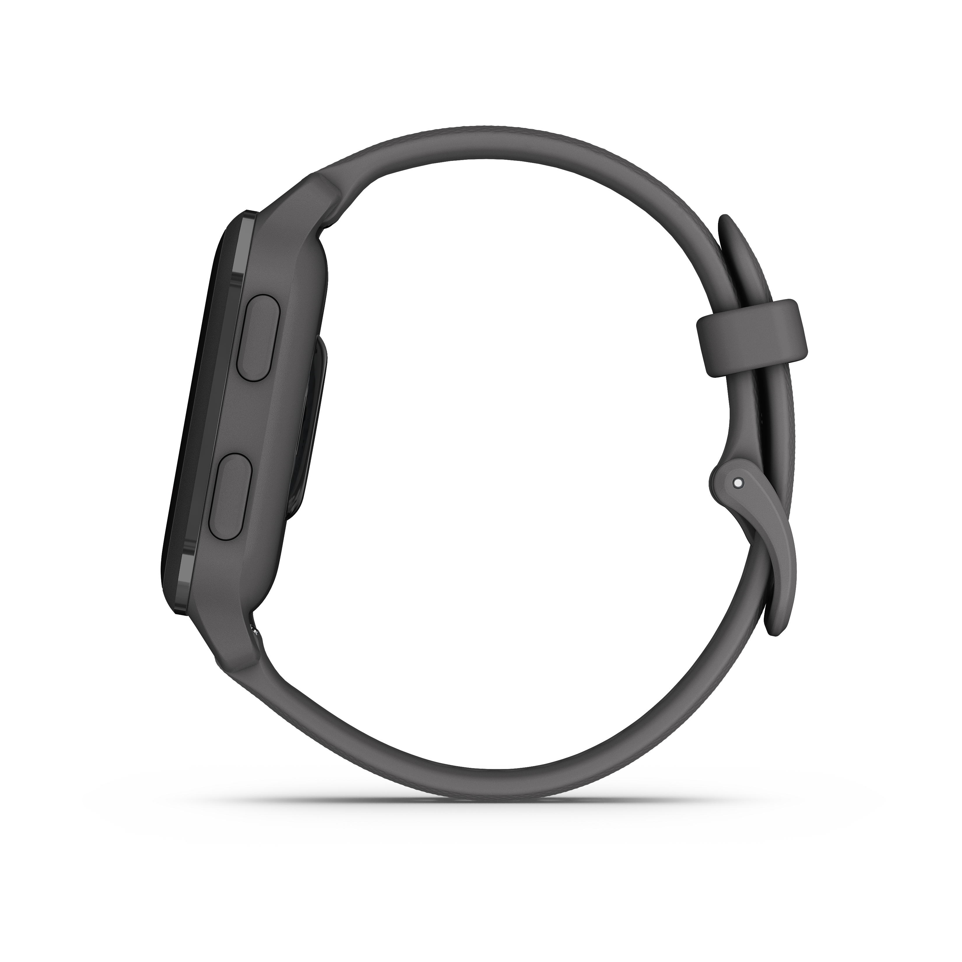 Graue Smartwatch auf weißem Hintergrund, Seitenansicht. Es hat ein Armband und zwei Knöpfe an der Seite.