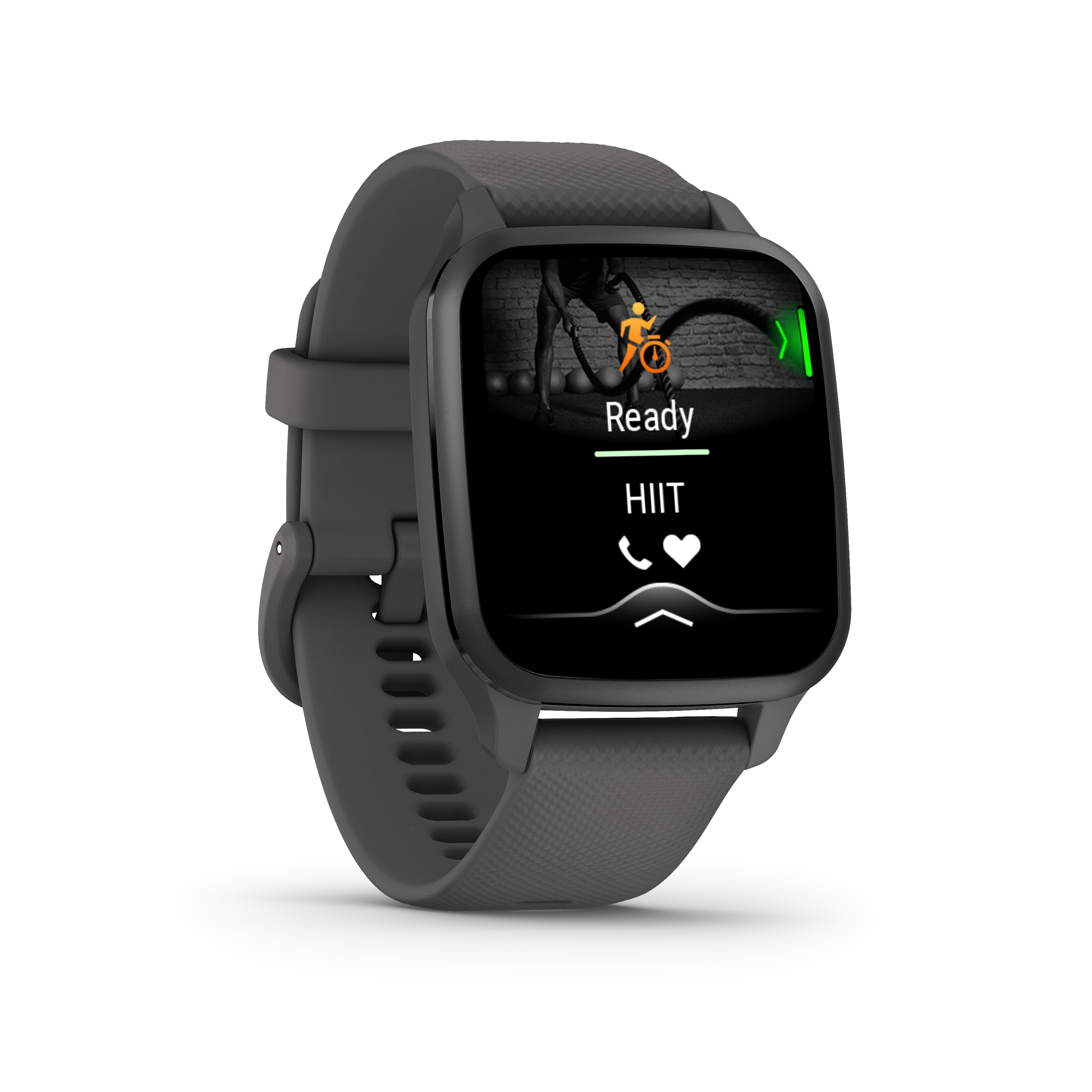 Eine graue Smartwatch zeigt ein HIIT-Training mit Herzsymbol. Die Uhr hat ein graues Armband.