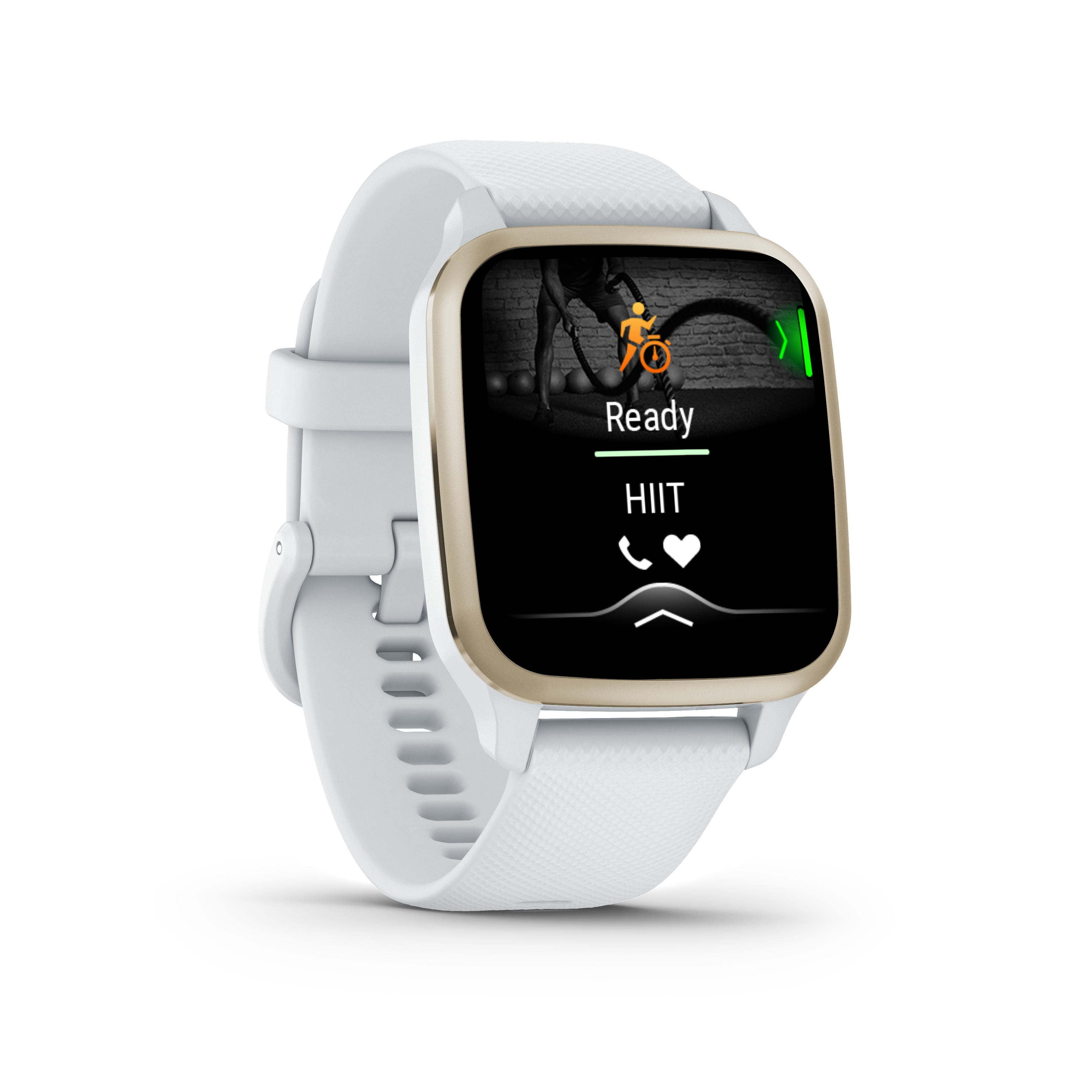 Weiße Smartwatch mit goldenem Rahmen. Der Bildschirm zeigt eine HIIT-Workout-Oberfläche.