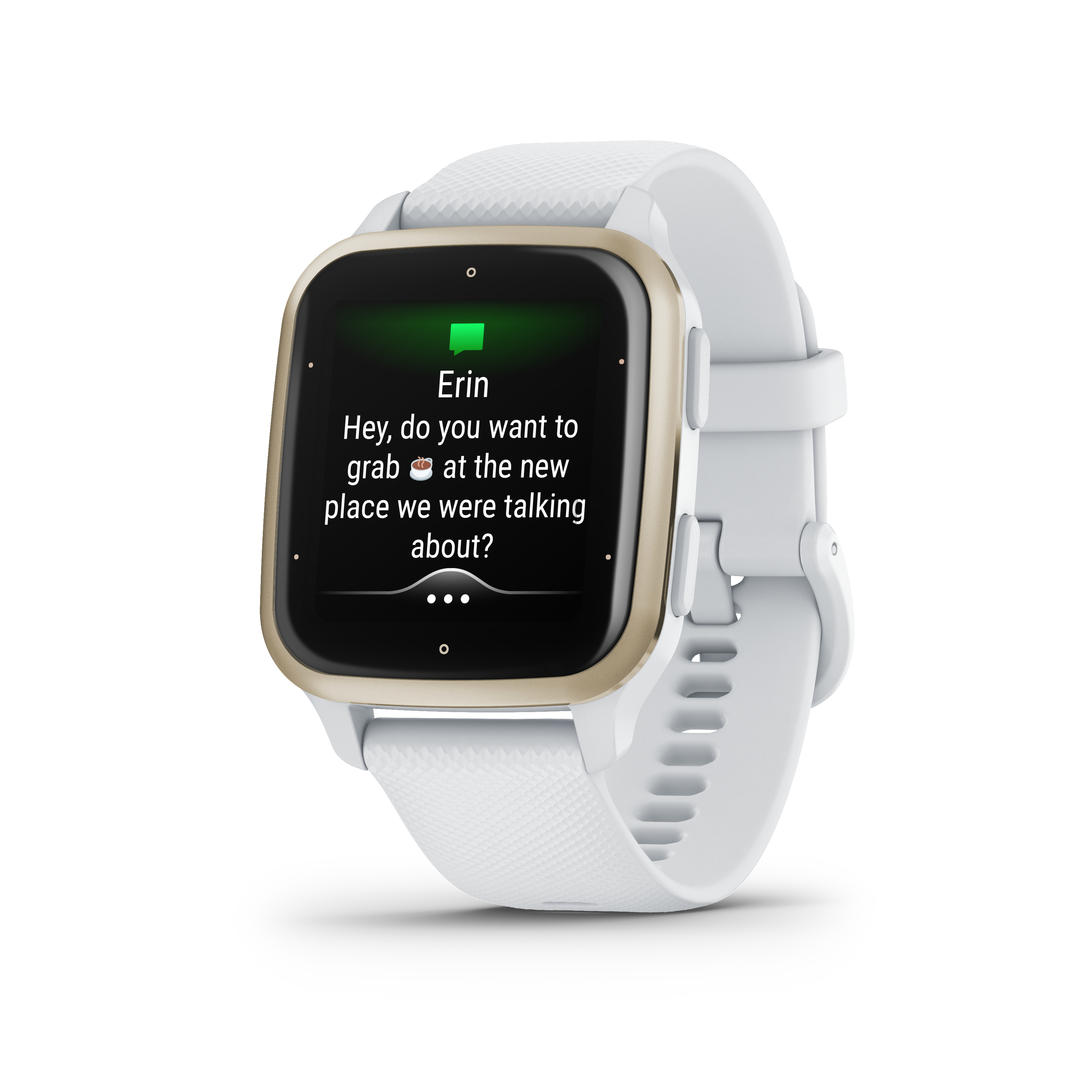 Weiße Garmin Smartwatch mit goldfarbener Lünette, die eine Nachricht anzeigt: 'Hey, wollen wir essen gehen?'.