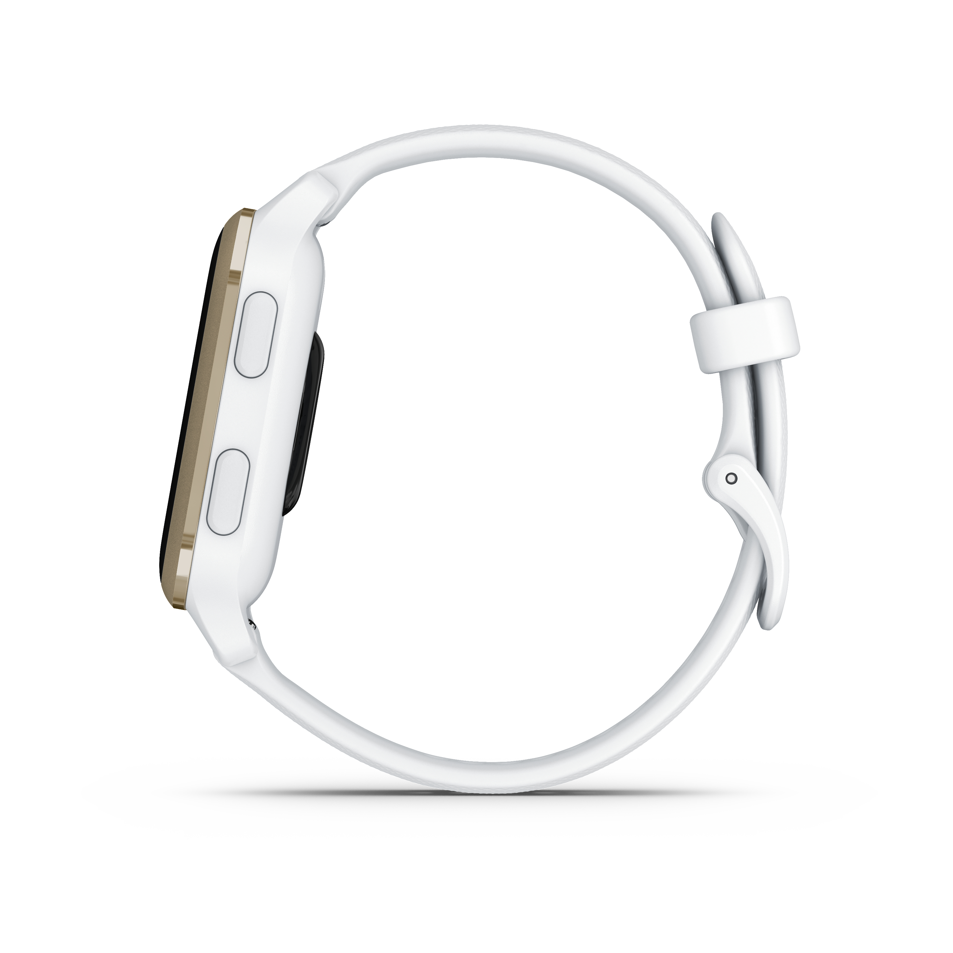 Weiße Smartwatch auf weißem Hintergrund. Goldfarbene Knöpfe, schwarzer Bildschirm, weißes Armband.