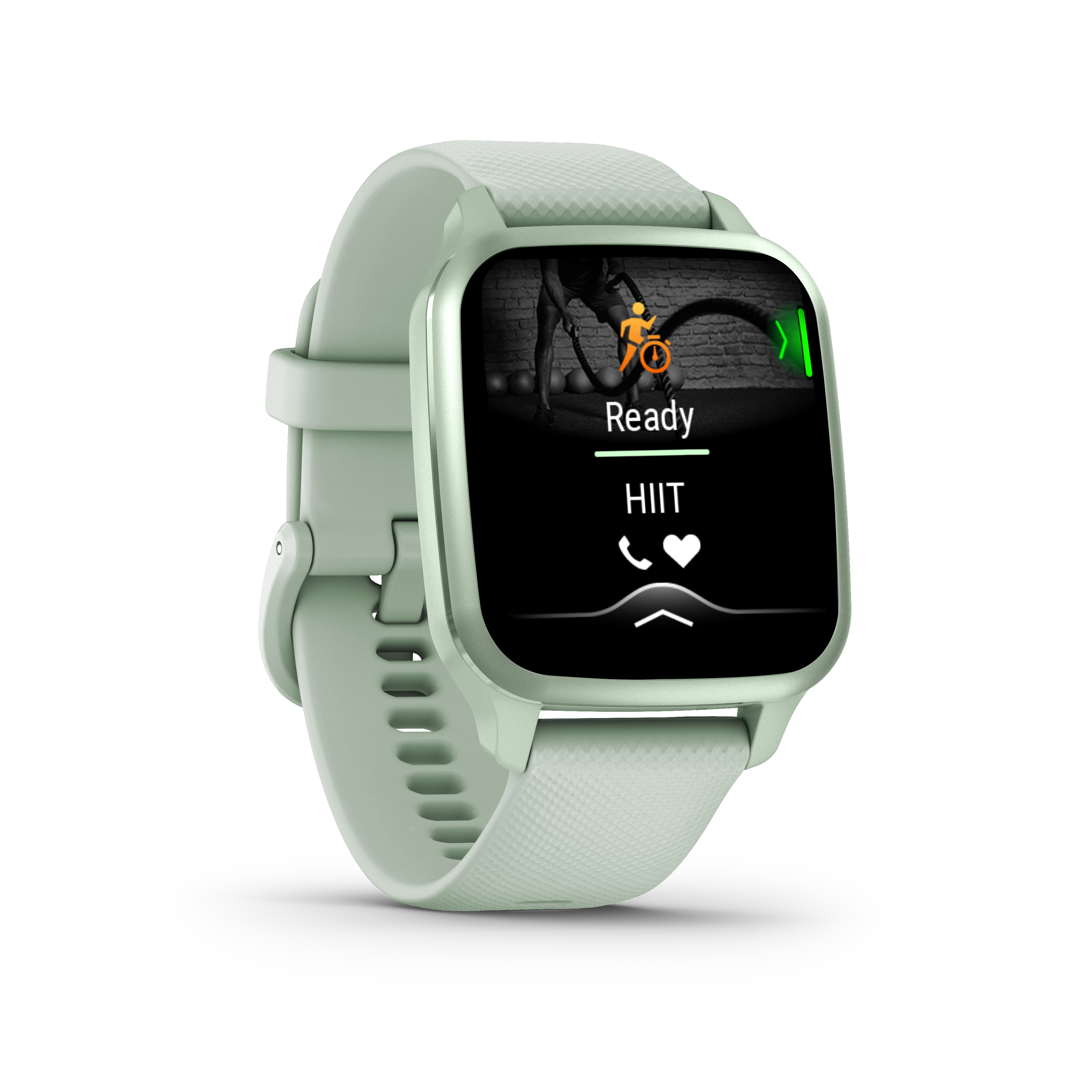 Eine mintgrüne Smartwatch zeigt einen HIIT-Workout-Bildschirm. Es hat ein grünes Band und einen weißen Hintergrund.