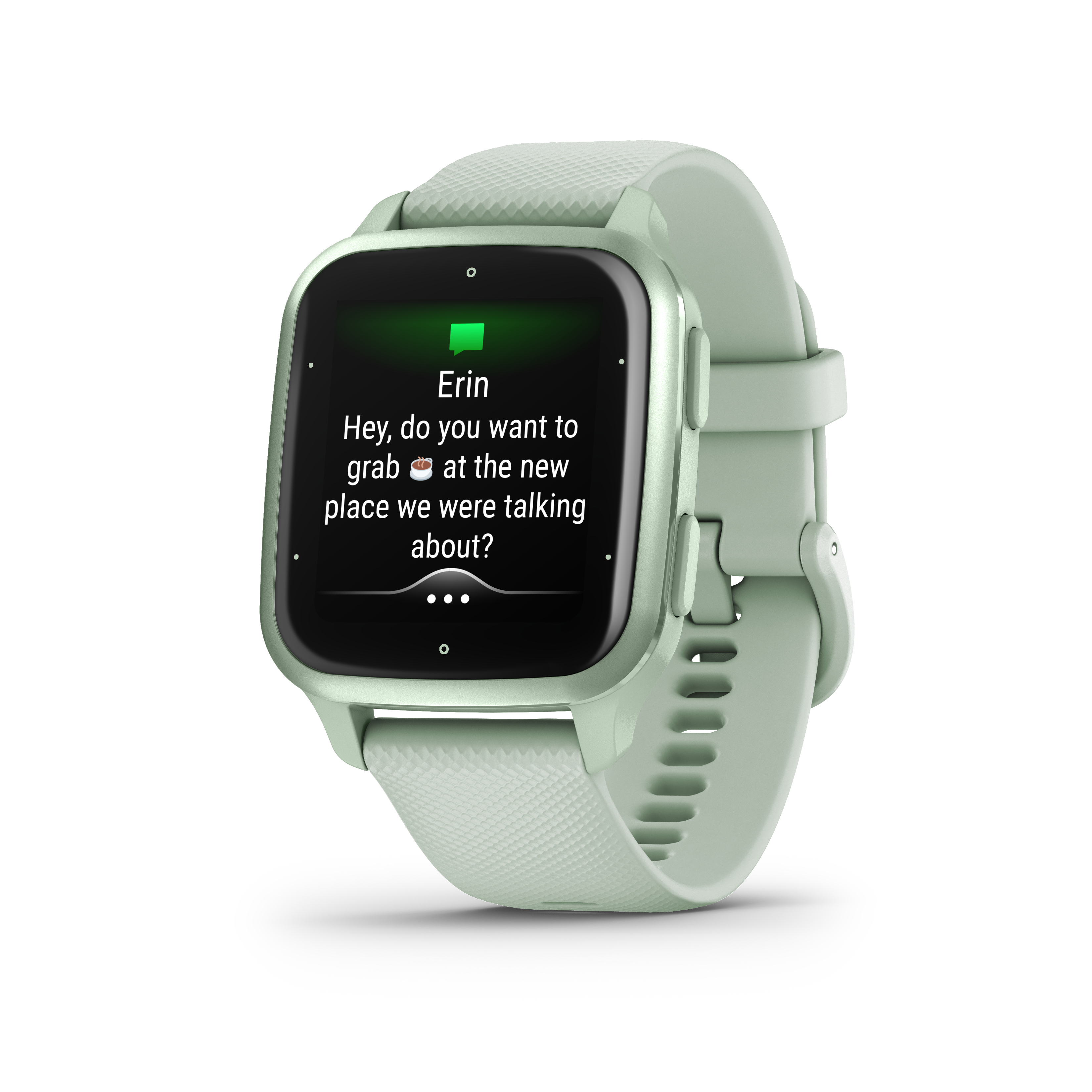 Eine mintgrüne Smartwatch mit einer Nachricht von Erin auf dem Bildschirm.