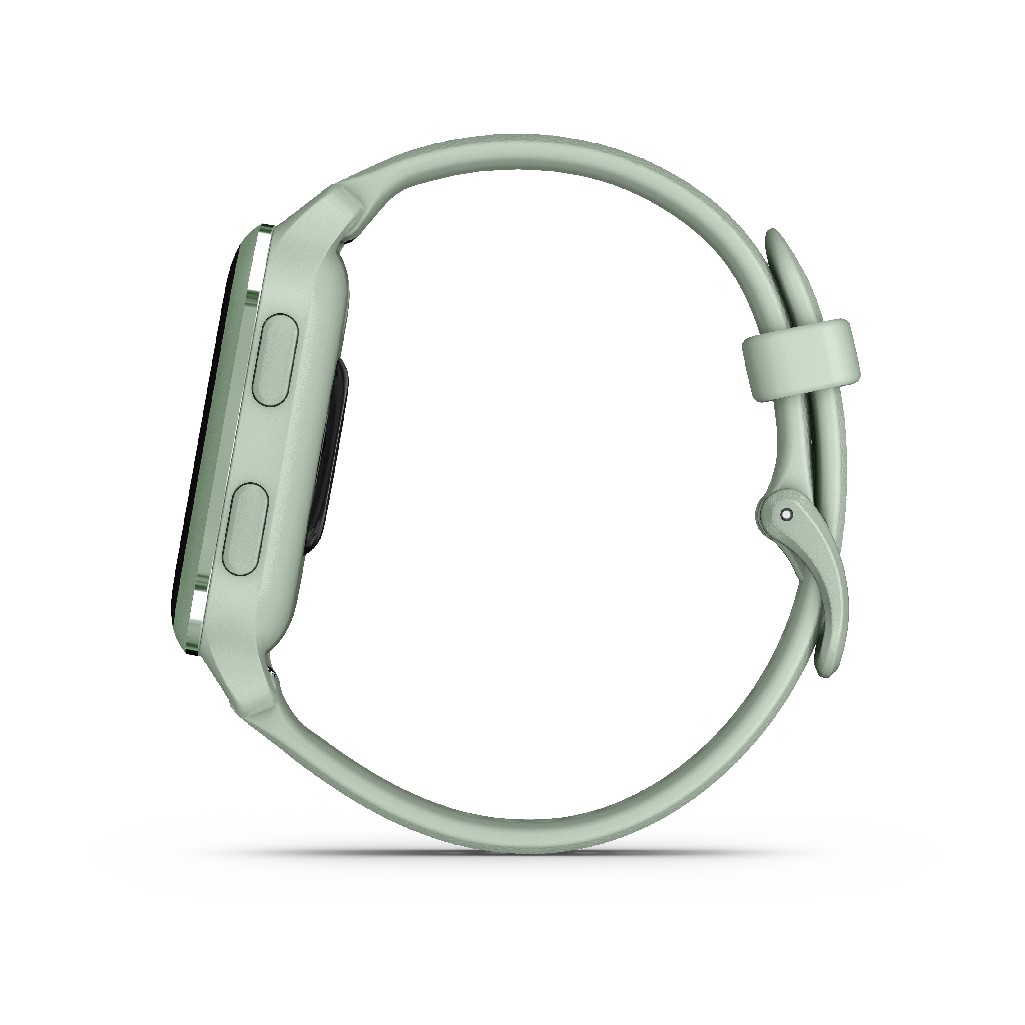Seitenansicht einer Garmin Smartwatch, hellgrüne Farbe, mit einem gebogenen Armband.