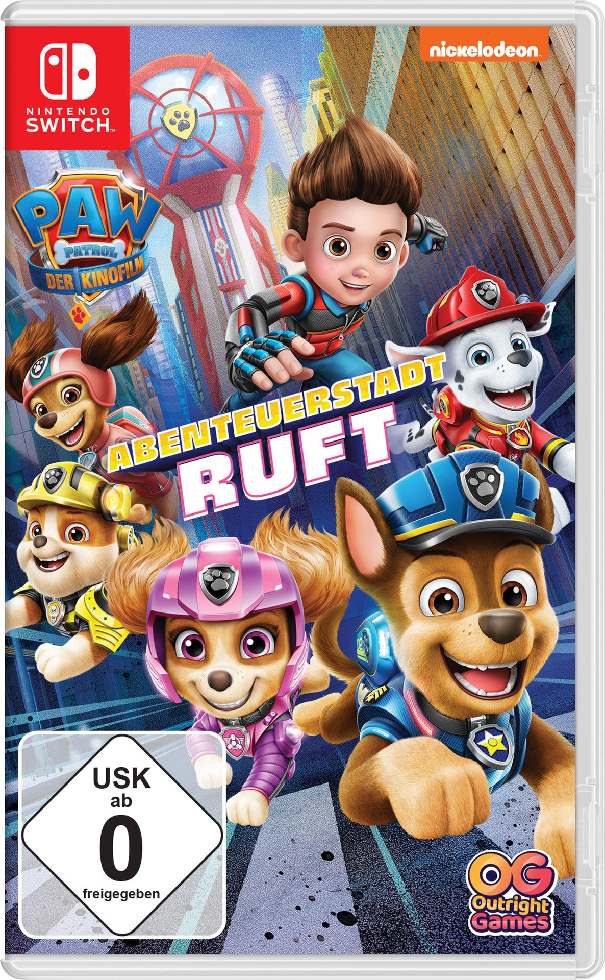 Videospiel-Cover mit mehreren Zeichentrickhunden. Der Titel lautet "PAW PATROL". Im Hintergrund ist eine Stadt zu sehen, und das Bewertungslogo ist sichtbar.