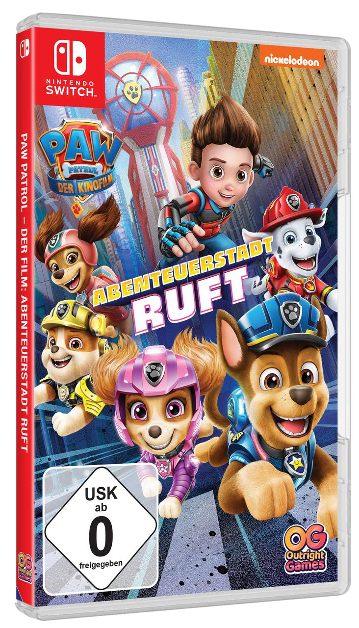 Nintendo Switch Spielbox: Paw Patrol Film, mit Zeichentrickhunden vor Stadtkulisse.
