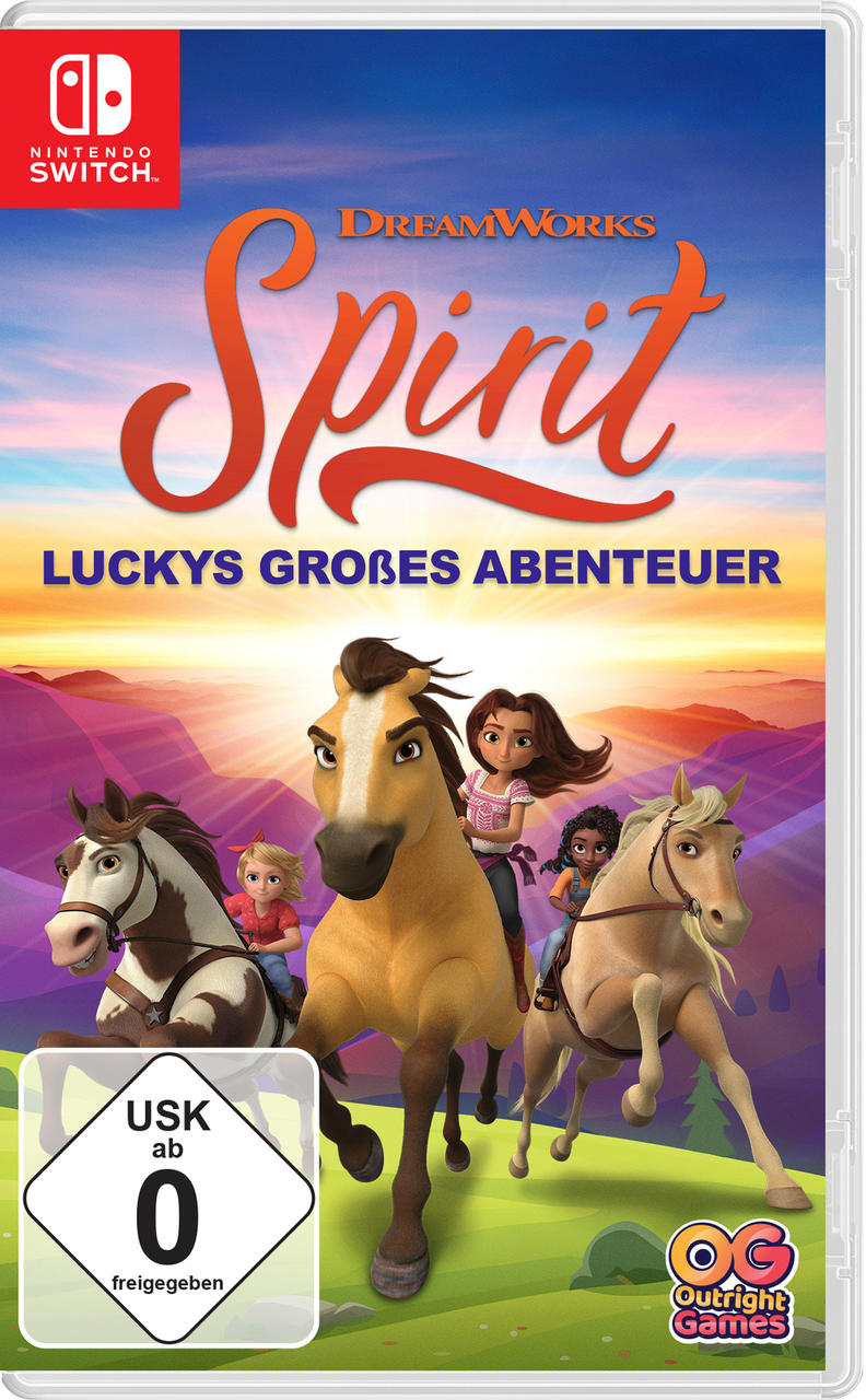 Nintendo Switch-Spielbox für 'Spirit: Luckys großes Abenteuer', mit Pferden und Figuren.
